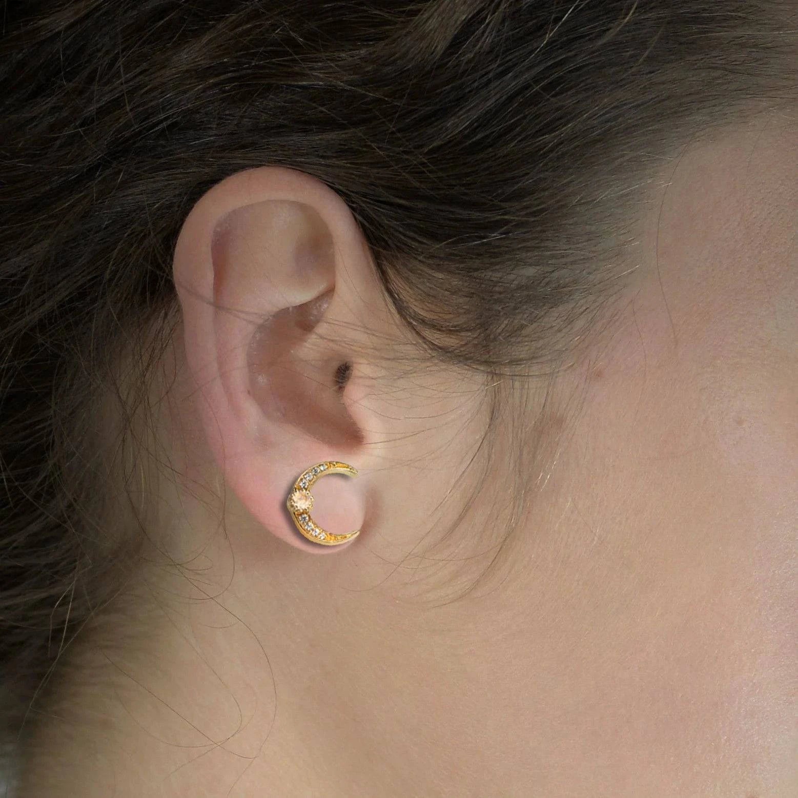Moon Stud Earrings With Moonstone In Gold Vermeil