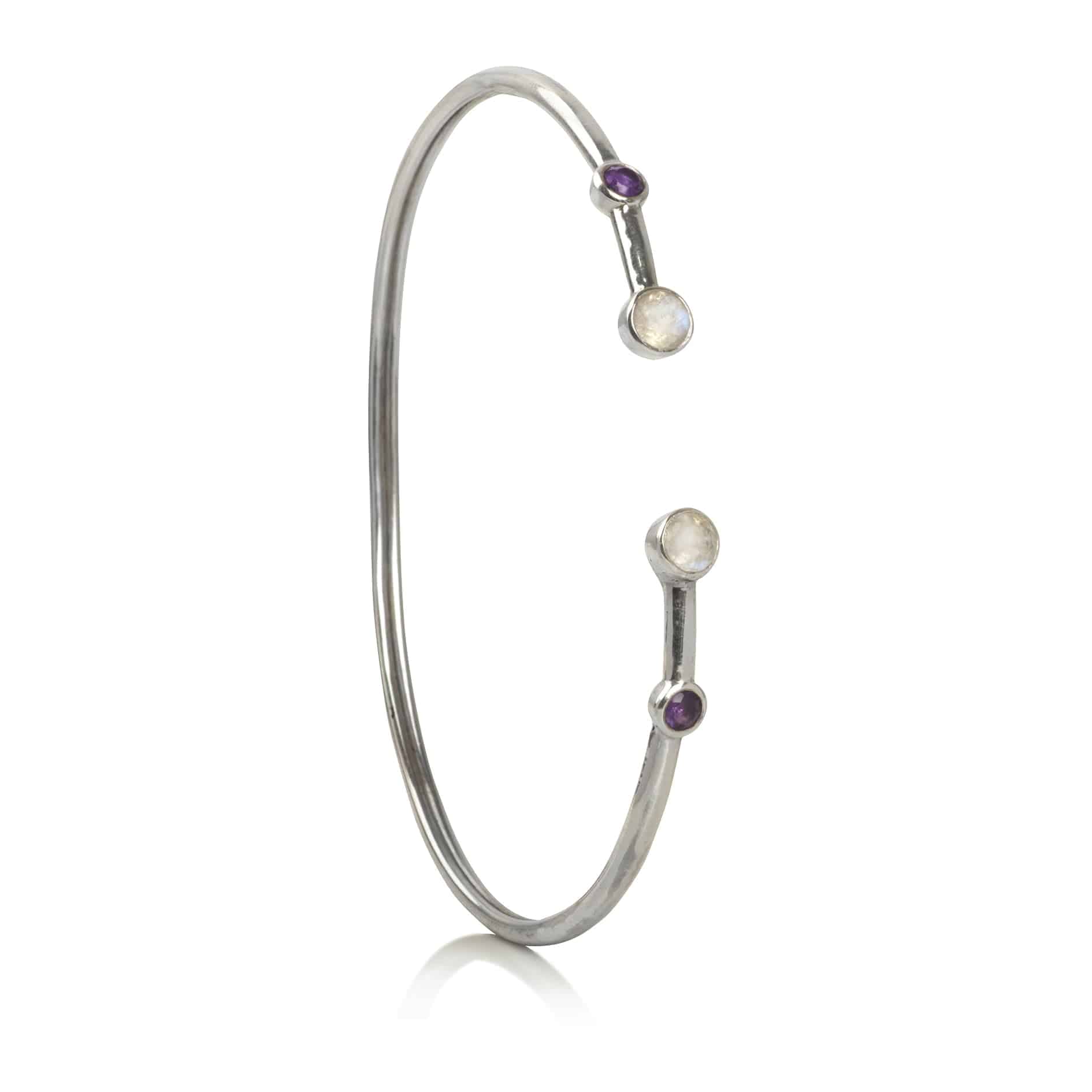 silver bangle with moonstone and amethyst gemstones