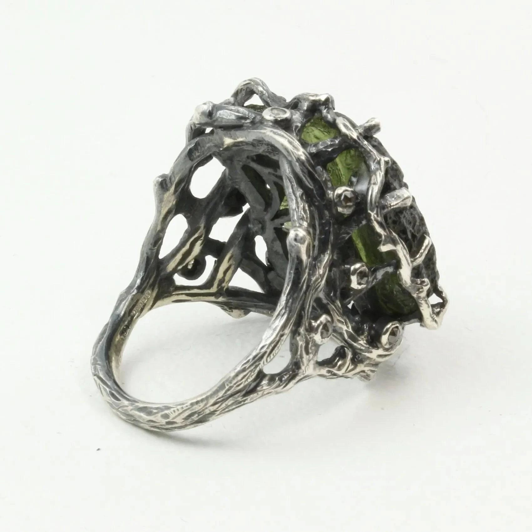 Mystic Universe Ring with Moldavite and Rose Cut Diamonds