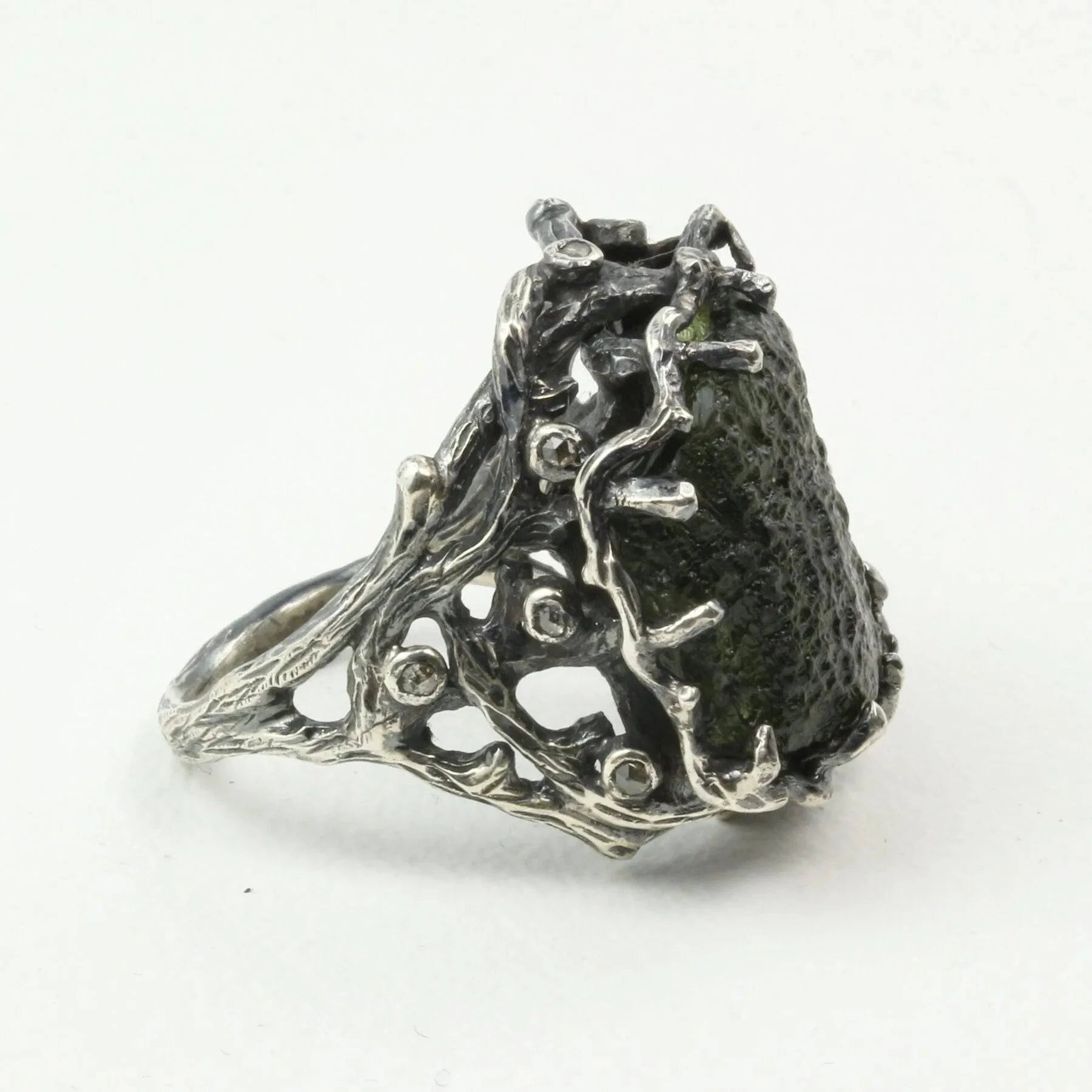 Mystic Universe Ring with Moldavite and Rose Cut Diamonds