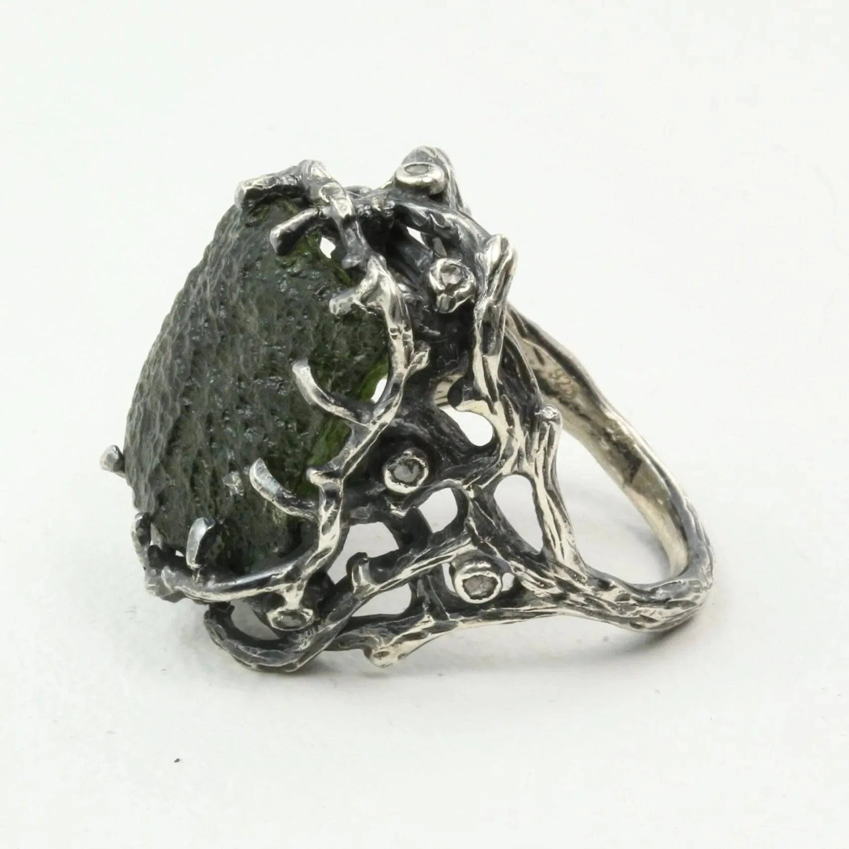 Mystic Universe Ring with Moldavite and Rose Cut Diamonds
