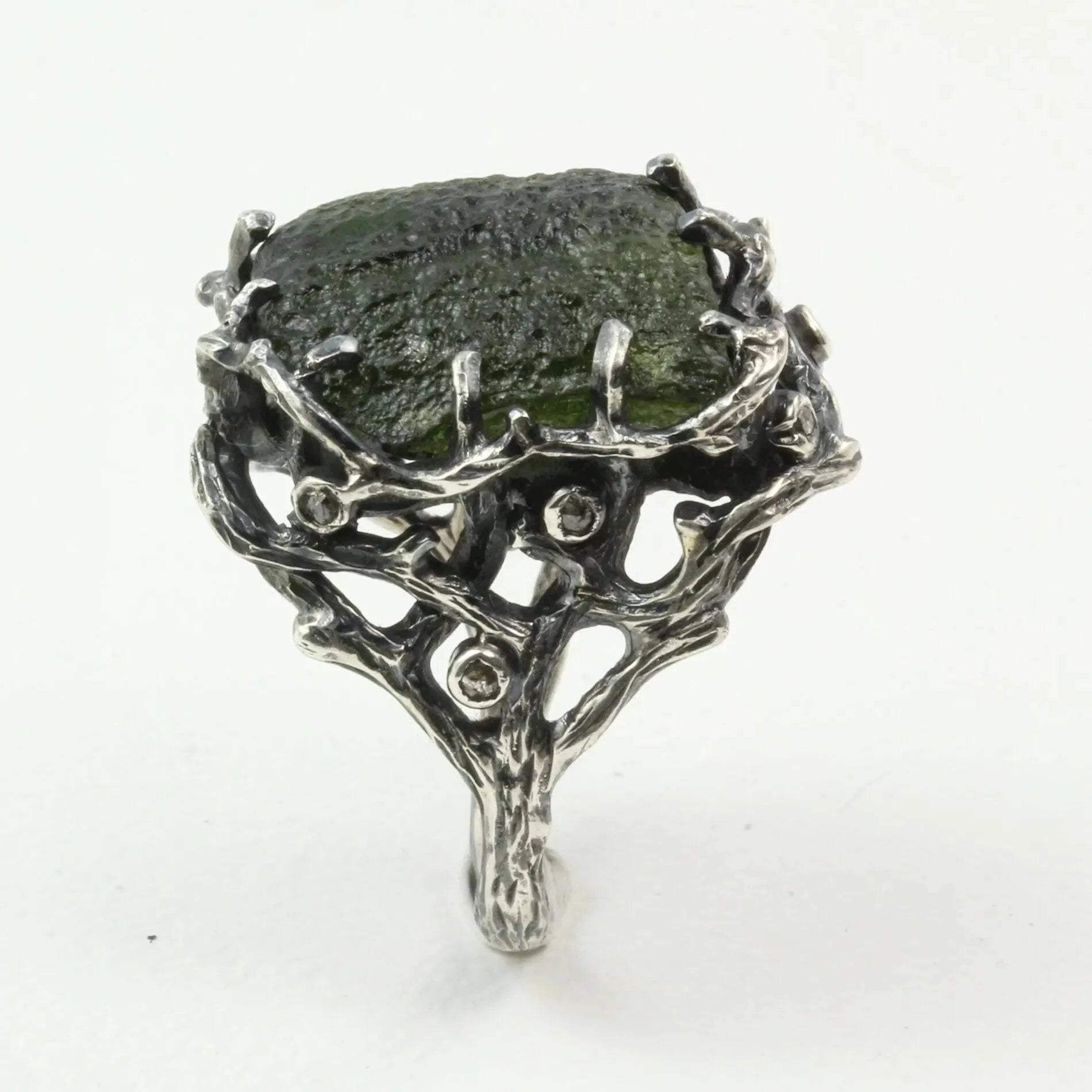 Mystic Universe Ring with Moldavite and Rose Cut Diamonds