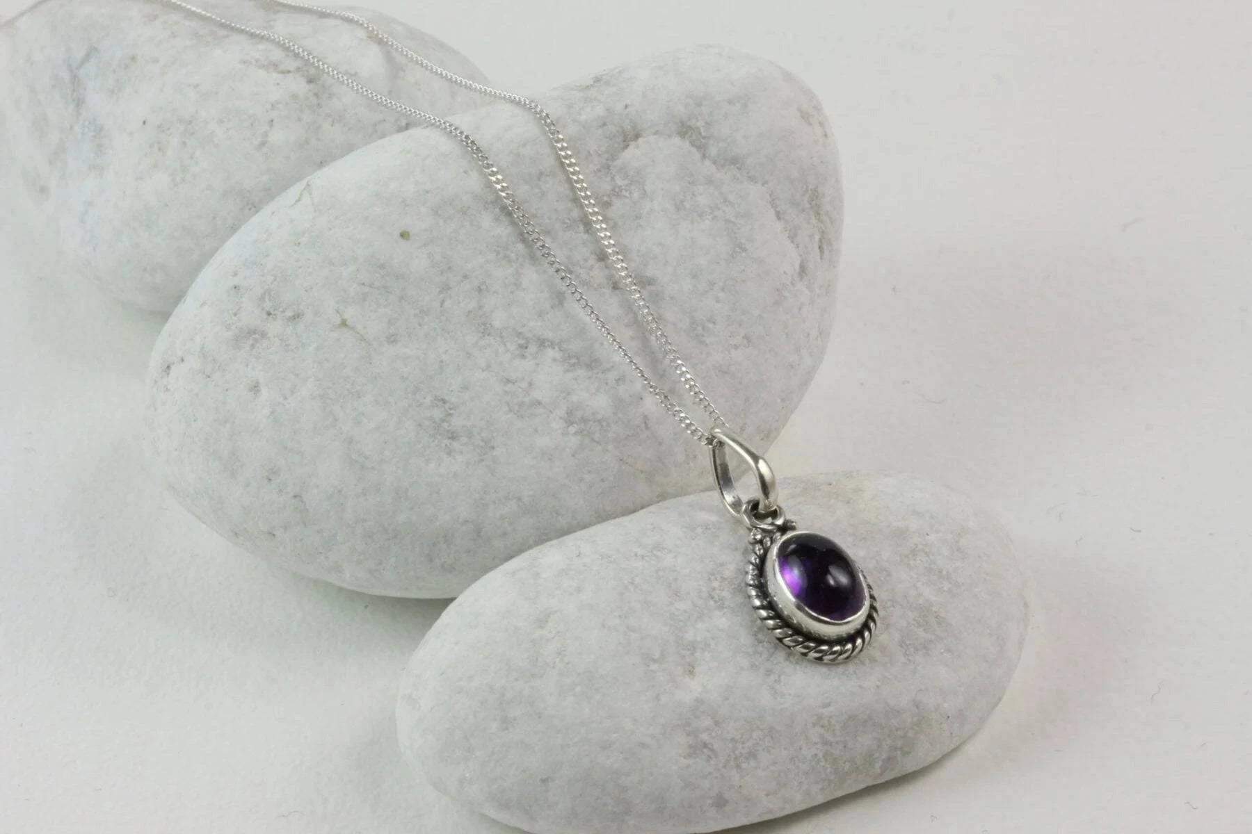 Twisted Wire Oval Pendant Necklace with Amethyst in Sterling Silver