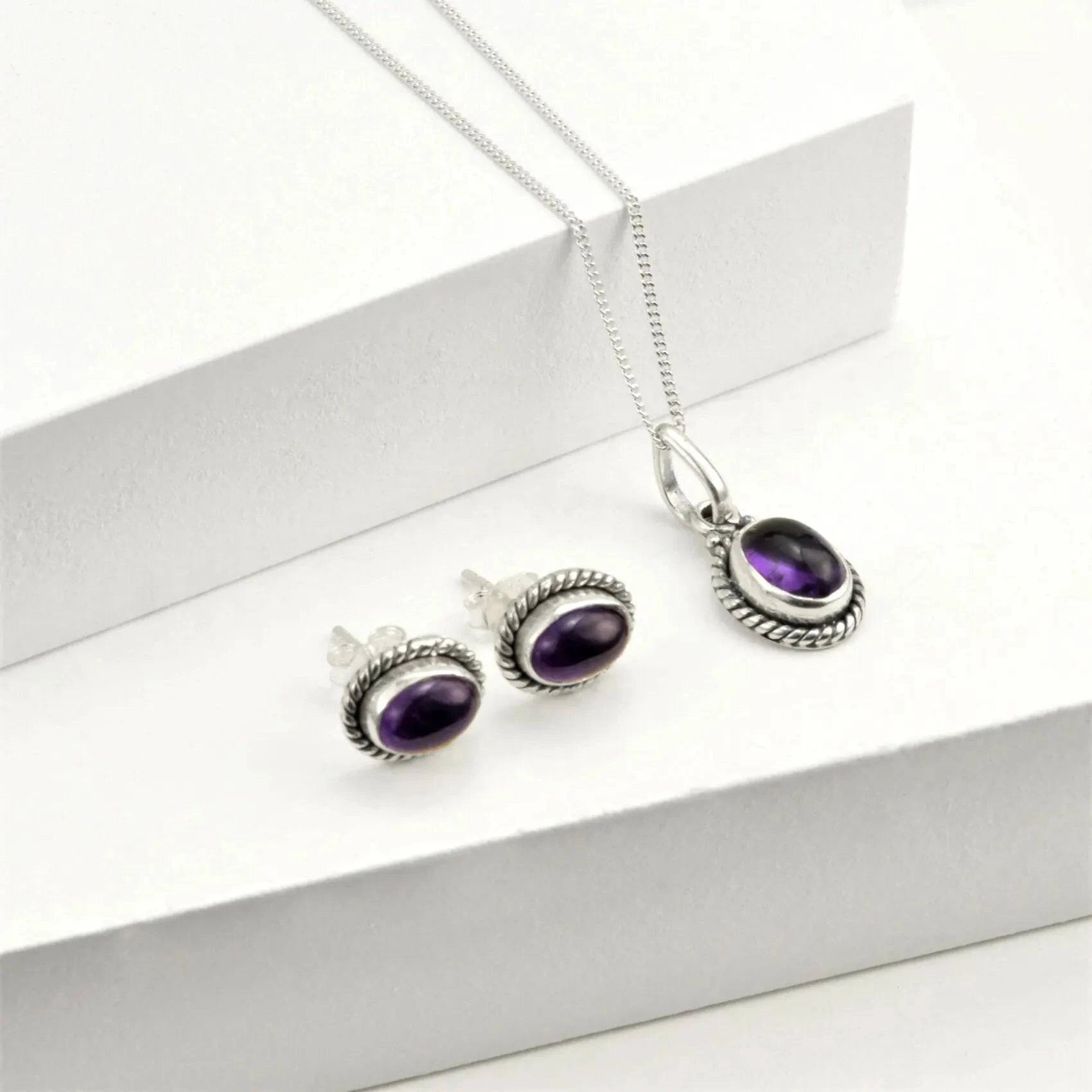 Twisted Wire Oval Amethyst Jewellery Set in Sterling Silver