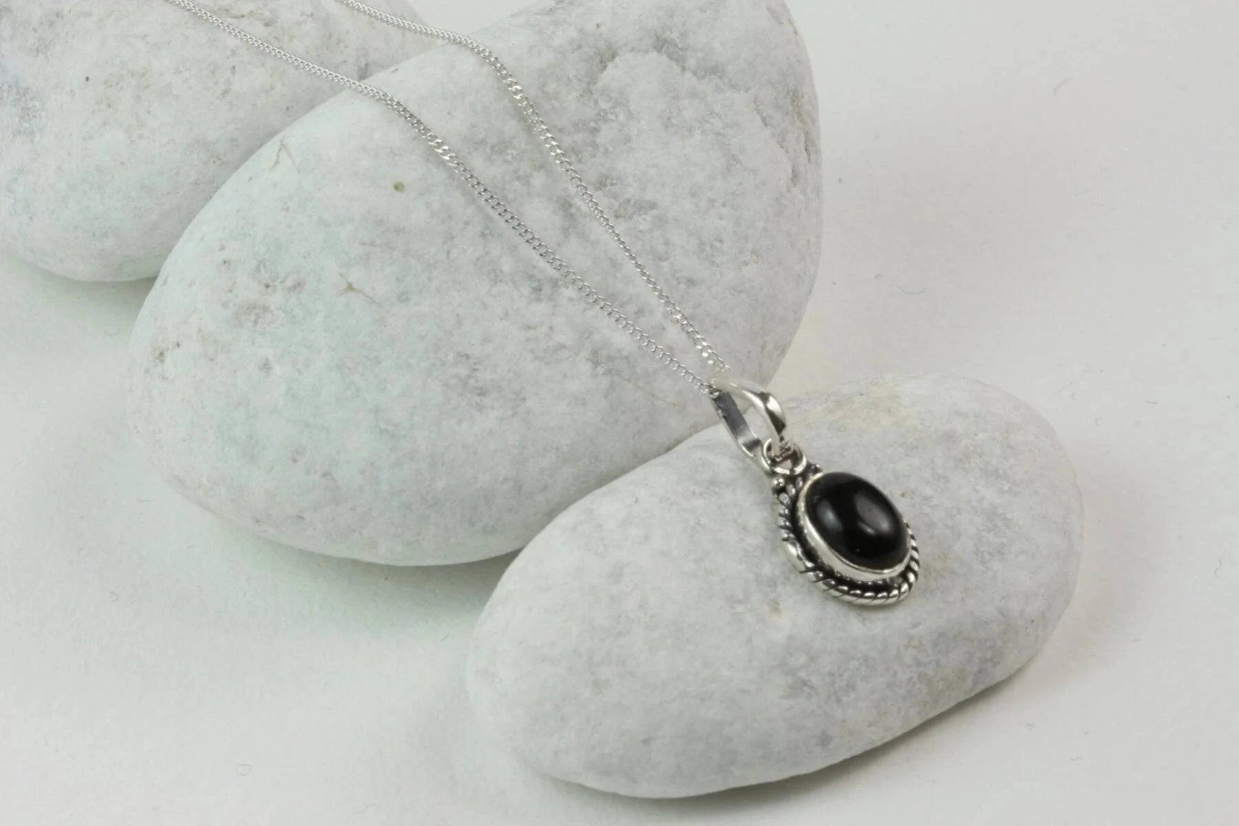 Twisted Wire Oval Pendant Necklace with Black Onyx in Sterling Silver