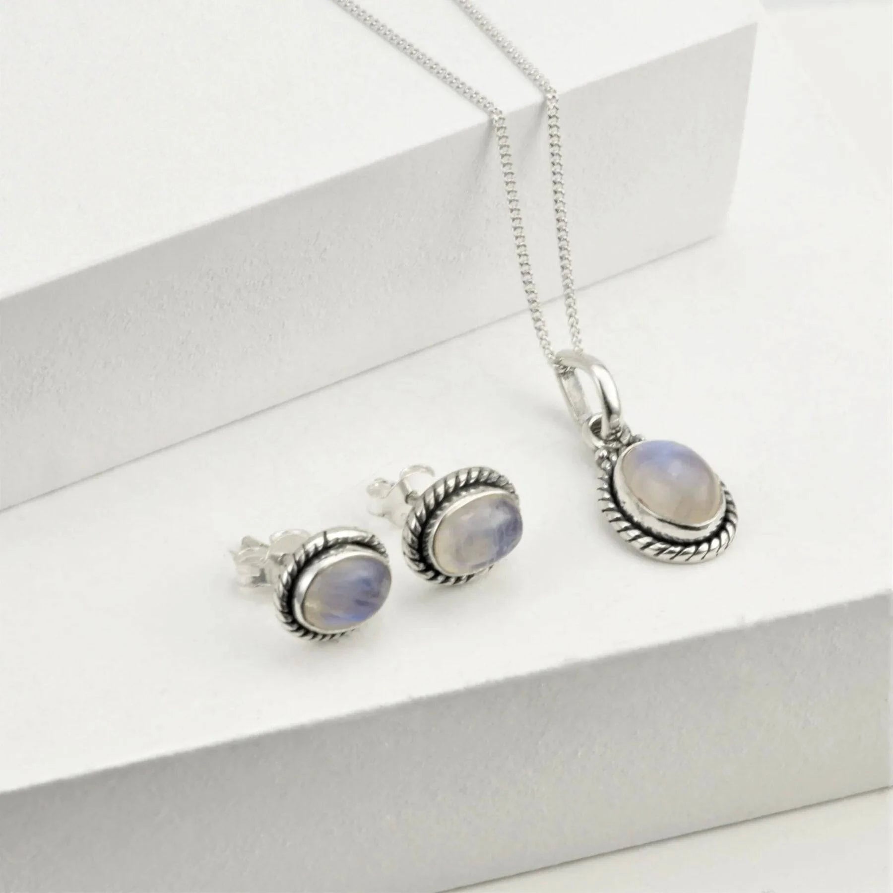 Twisted Wire Oval Moonstone Jewellery Set in Sterling Silver