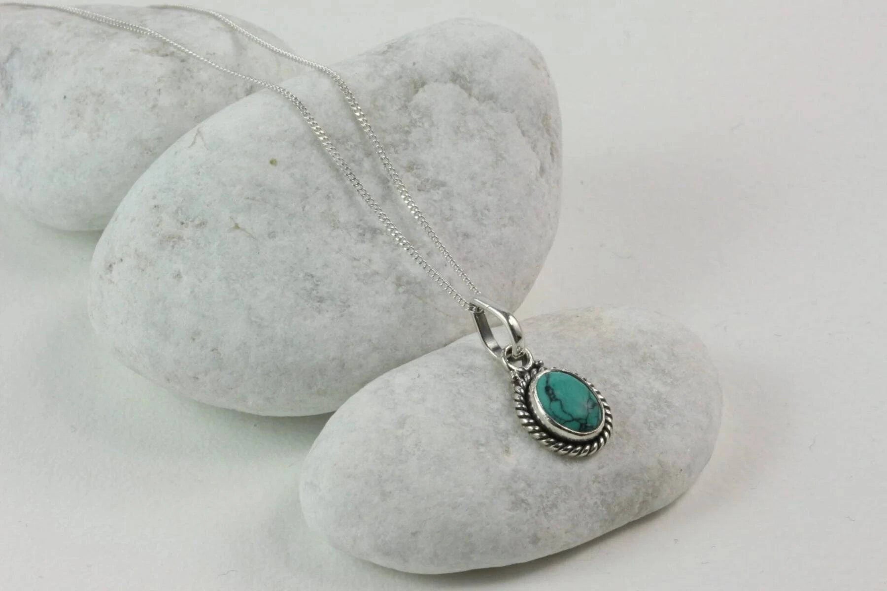 Twisted Wire Oval Pendant Necklace with Turquoise in Sterling Silver