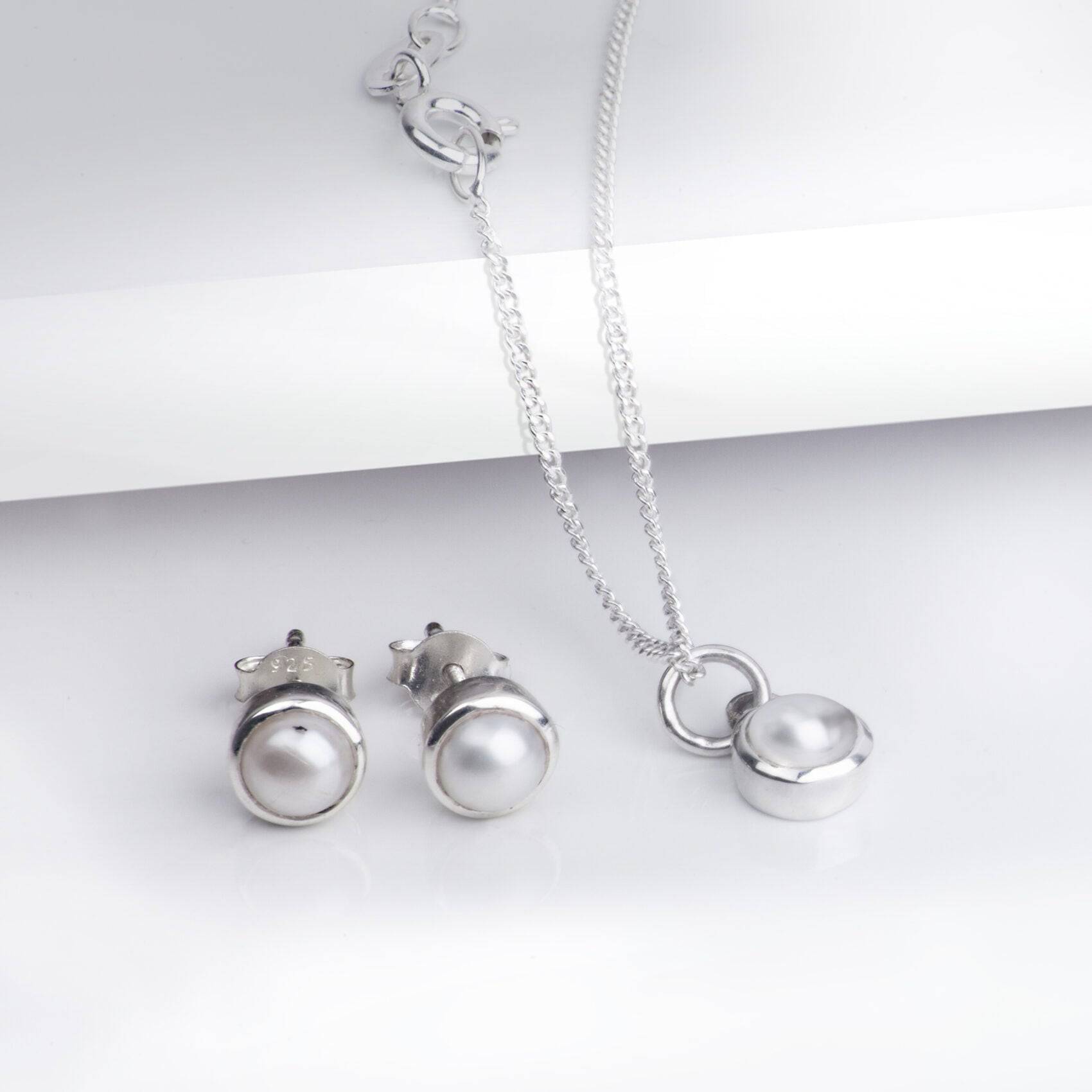 June Birthstone Jewellery Set in Pearls - Studs and Pendant Necklace
