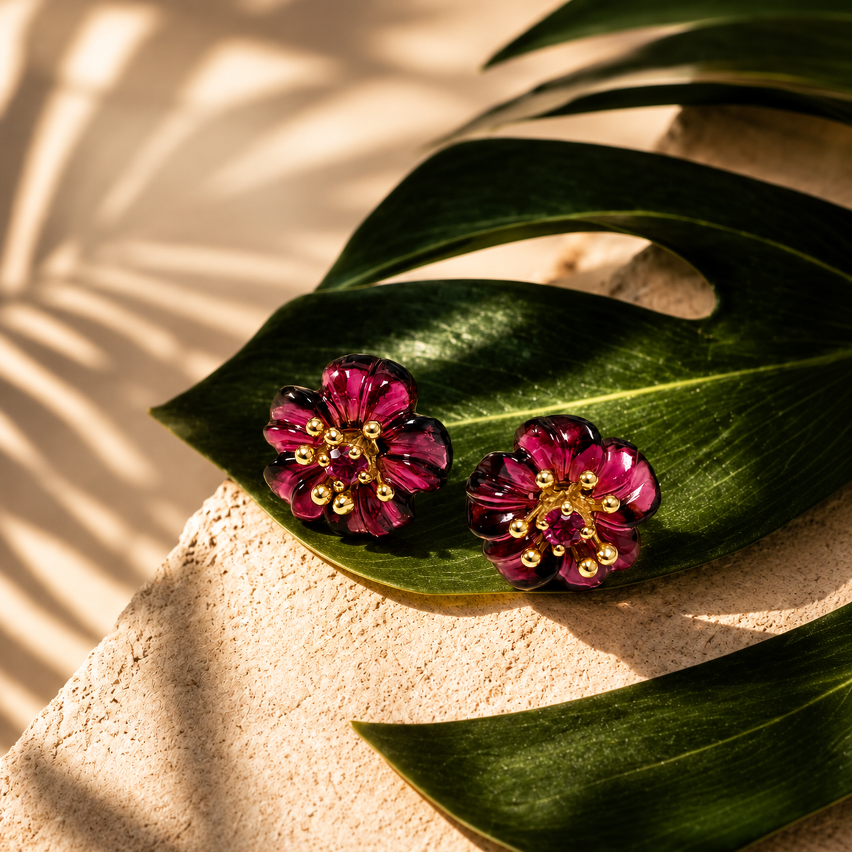 Flower Studs with Garnet In 14ct Solid Gold