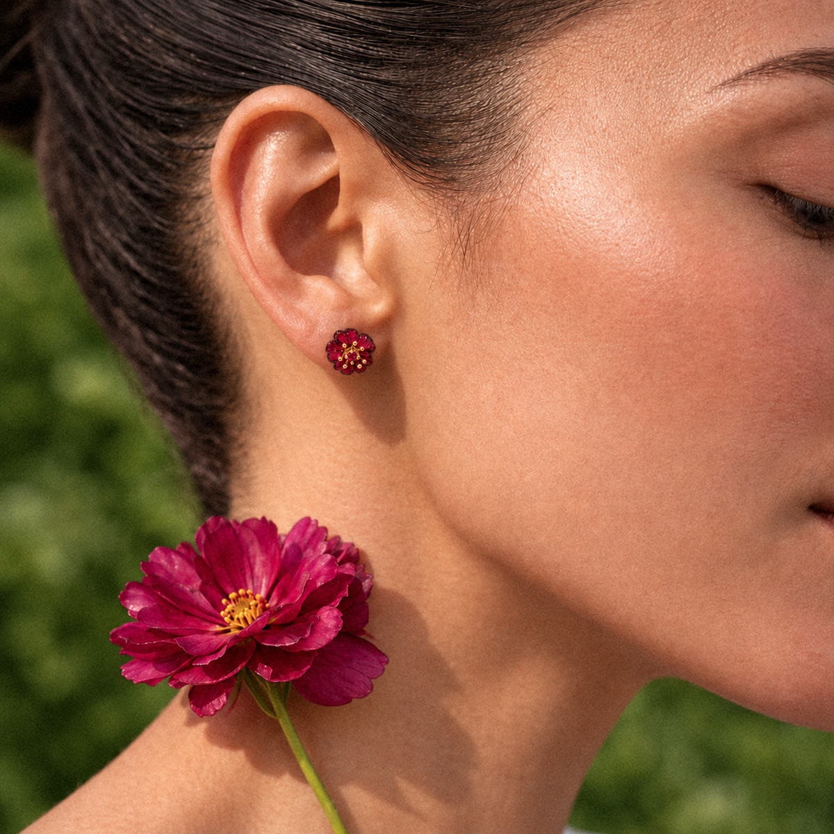 Flower Studs with Garnet In 14ct Solid Gold