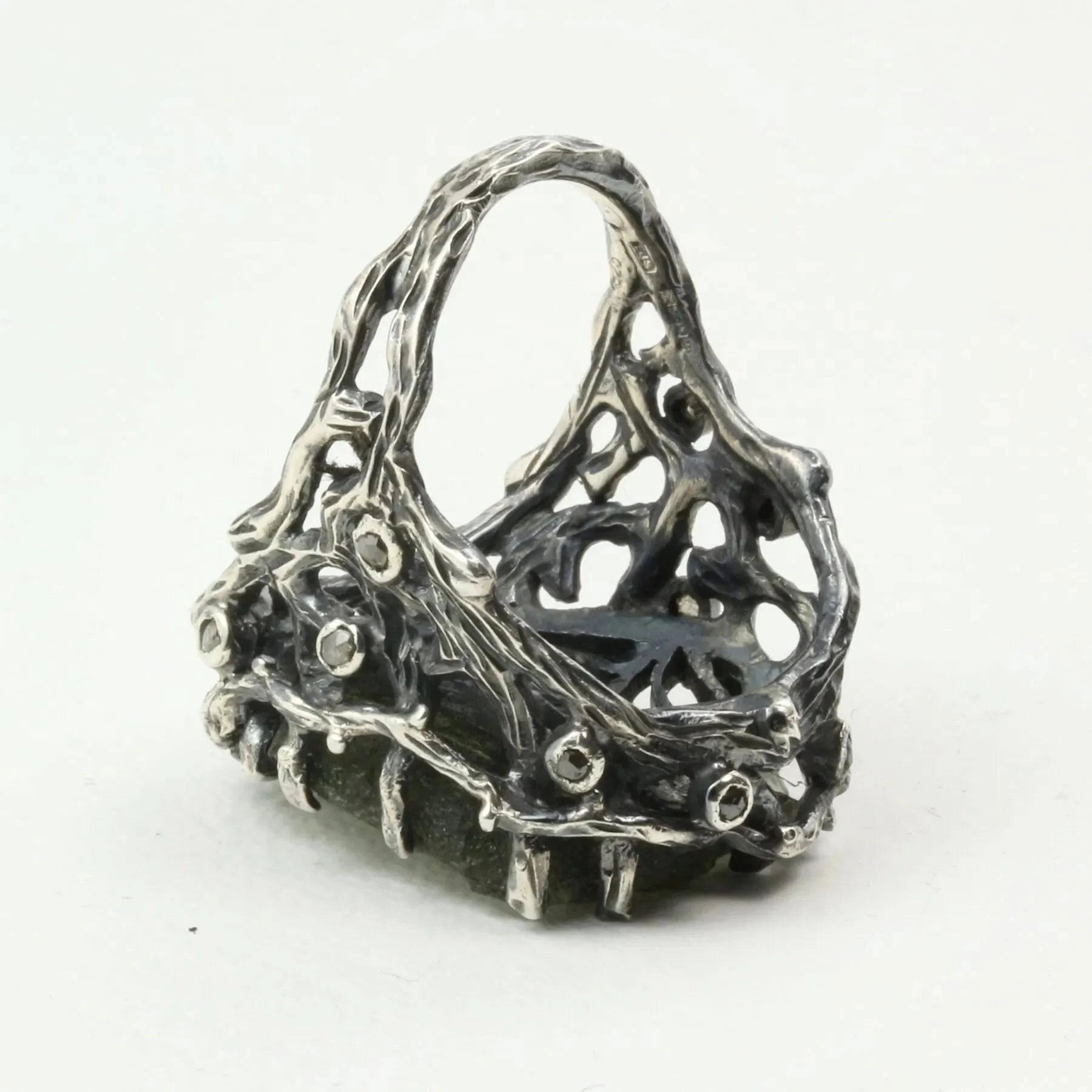 Mystic Oasis Ring with Moldavite and Rose Cut Diamonds