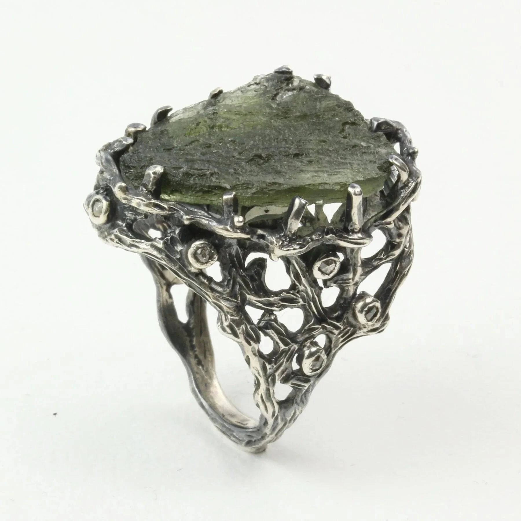 Mystic Oasis Ring with Moldavite and Rose Cut Diamonds
