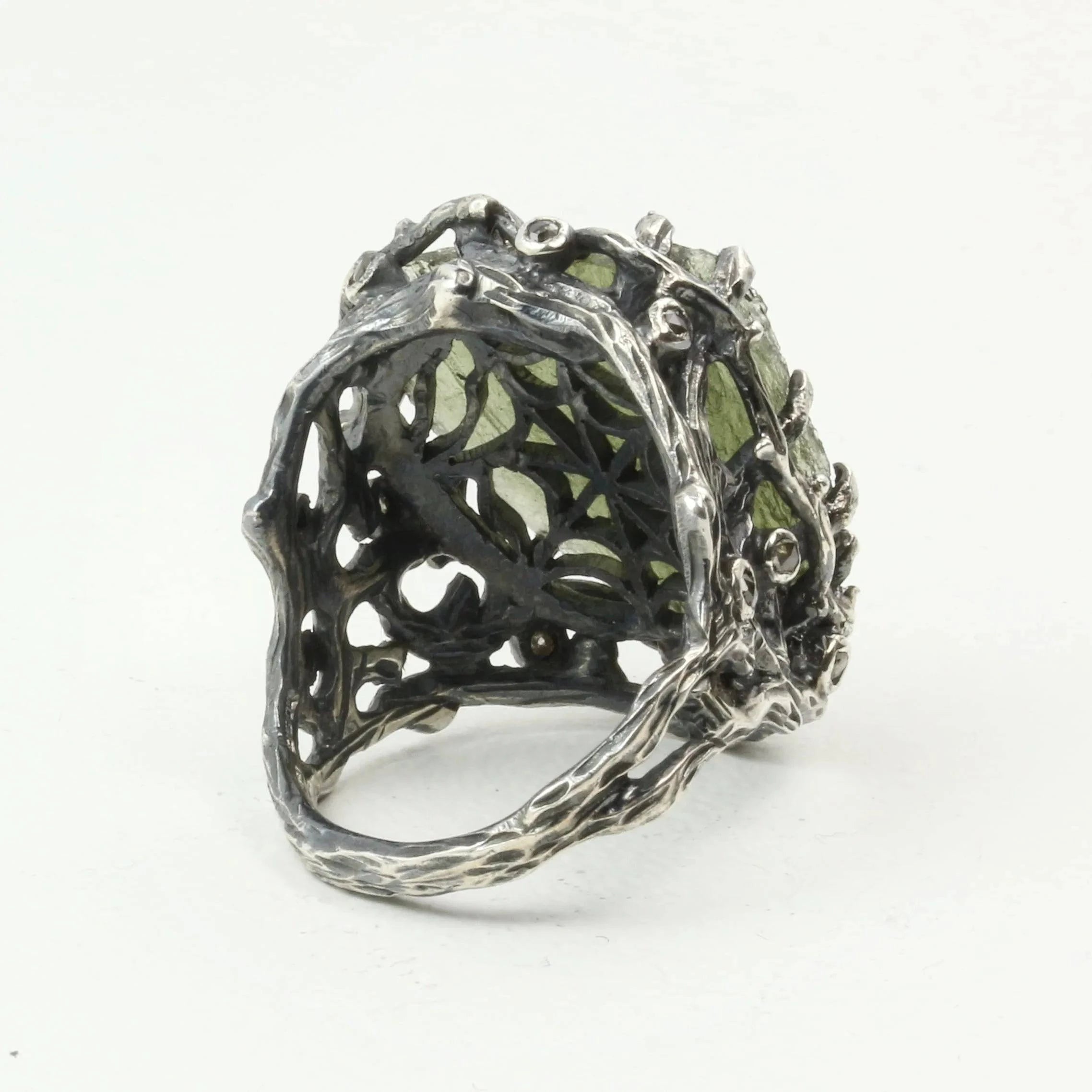 Mystic Oasis Ring with Moldavite and Rose Cut Diamonds