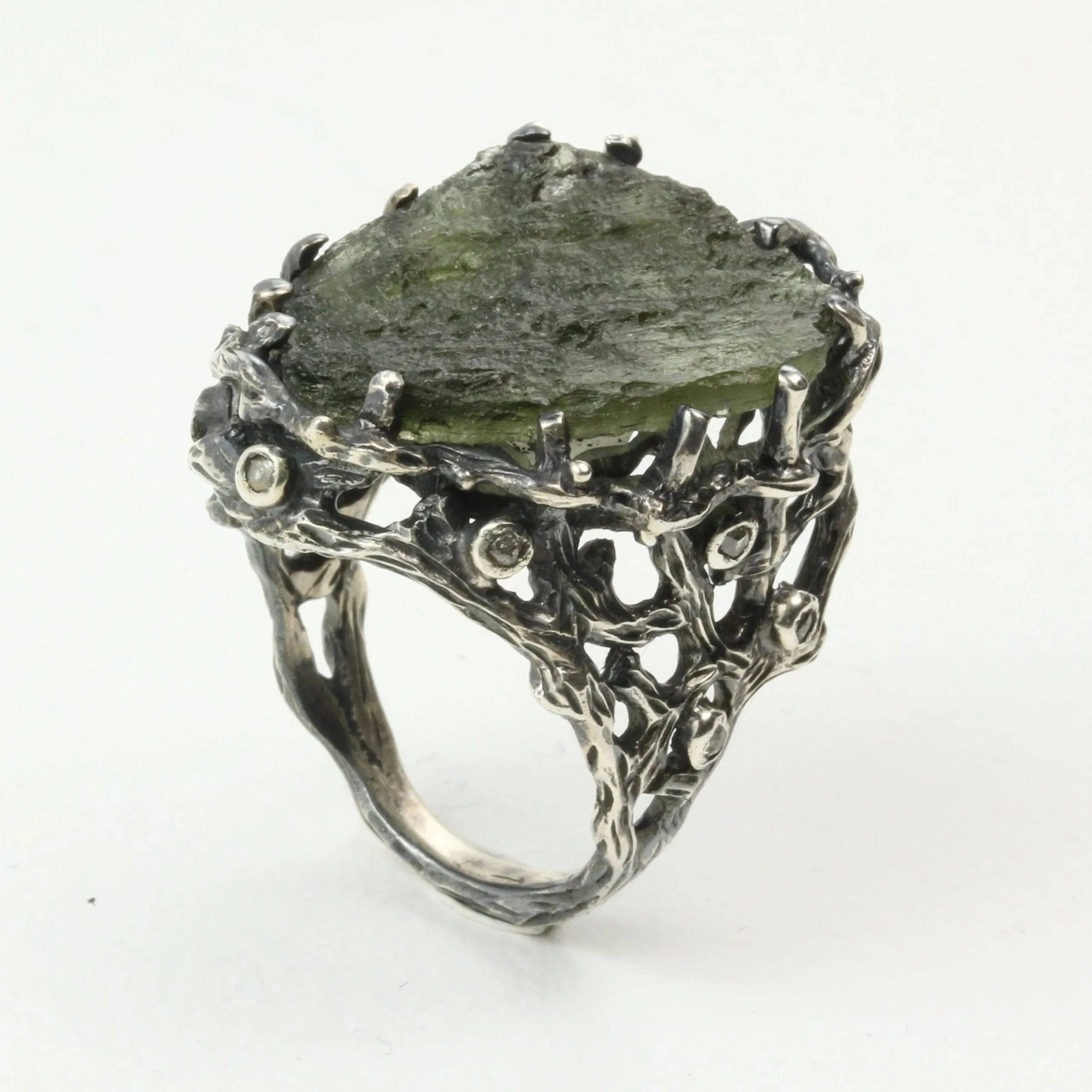 Mystic Oasis Ring with Moldavite and Rose Cut Diamonds
