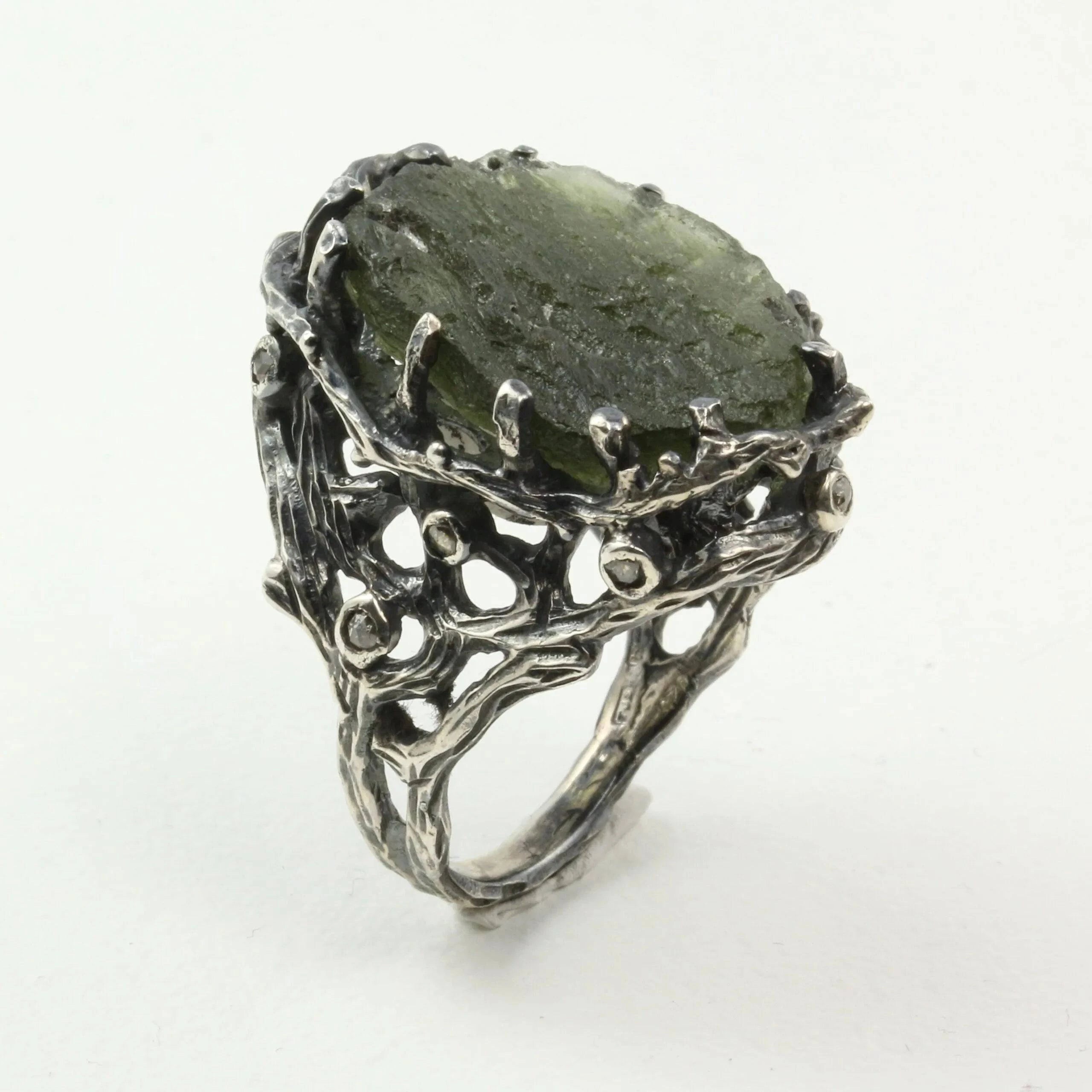 Mystic Oasis Ring with Moldavite and Rose Cut Diamonds