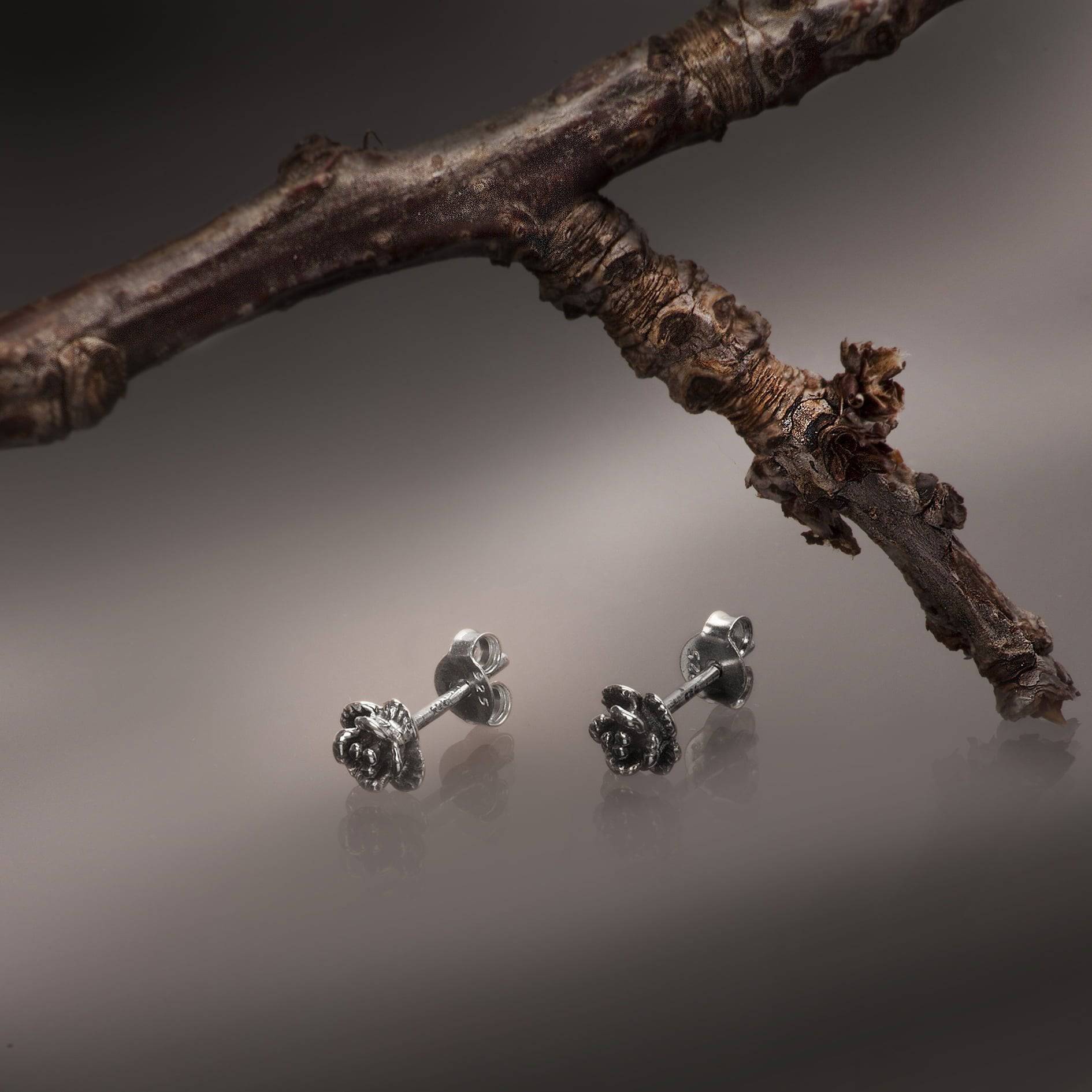 Rose Stud Earrings with Butterfly Fastening in Sterling Silver