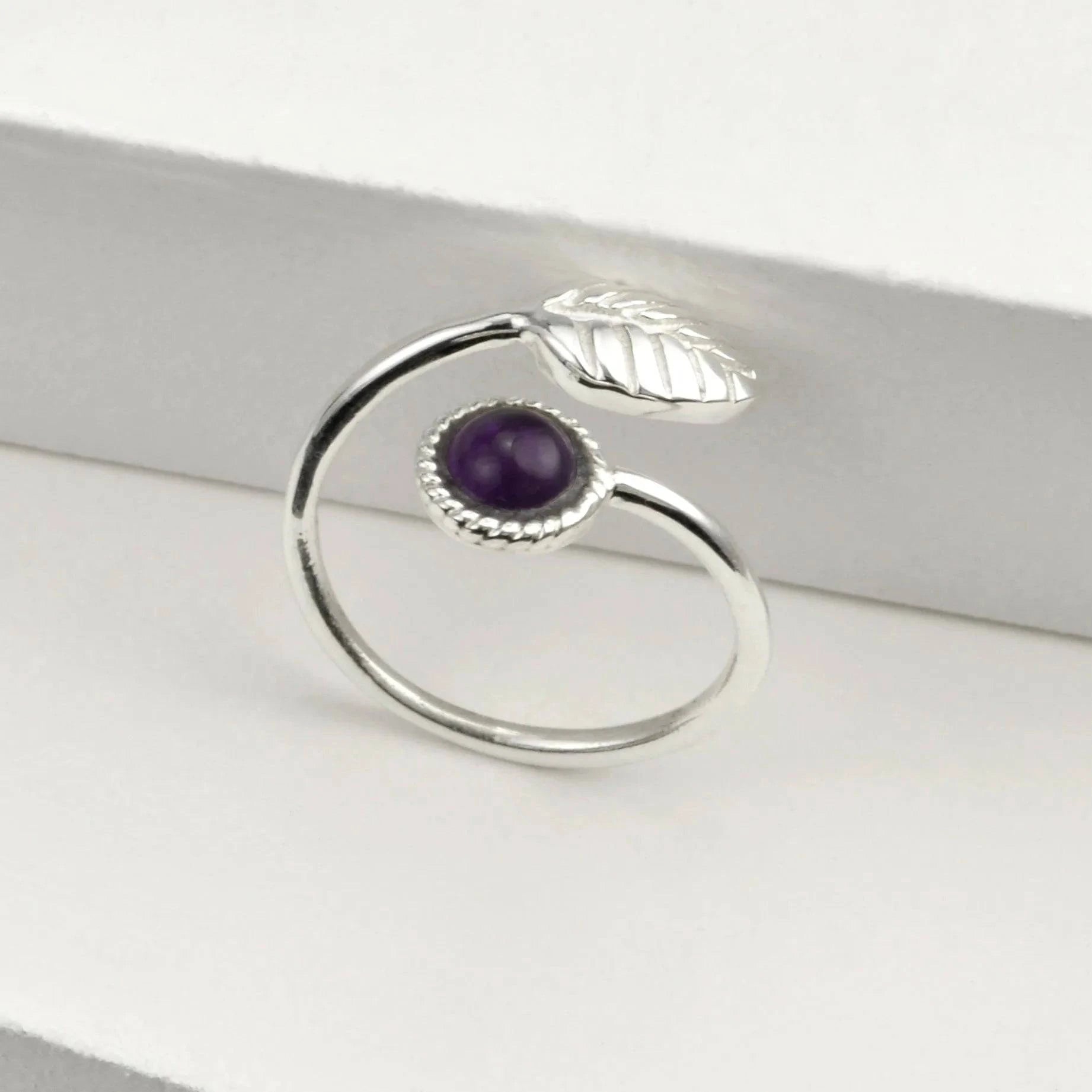 Adjustable Amethyst and Tiny Leaf Ring in Sterling Silver
