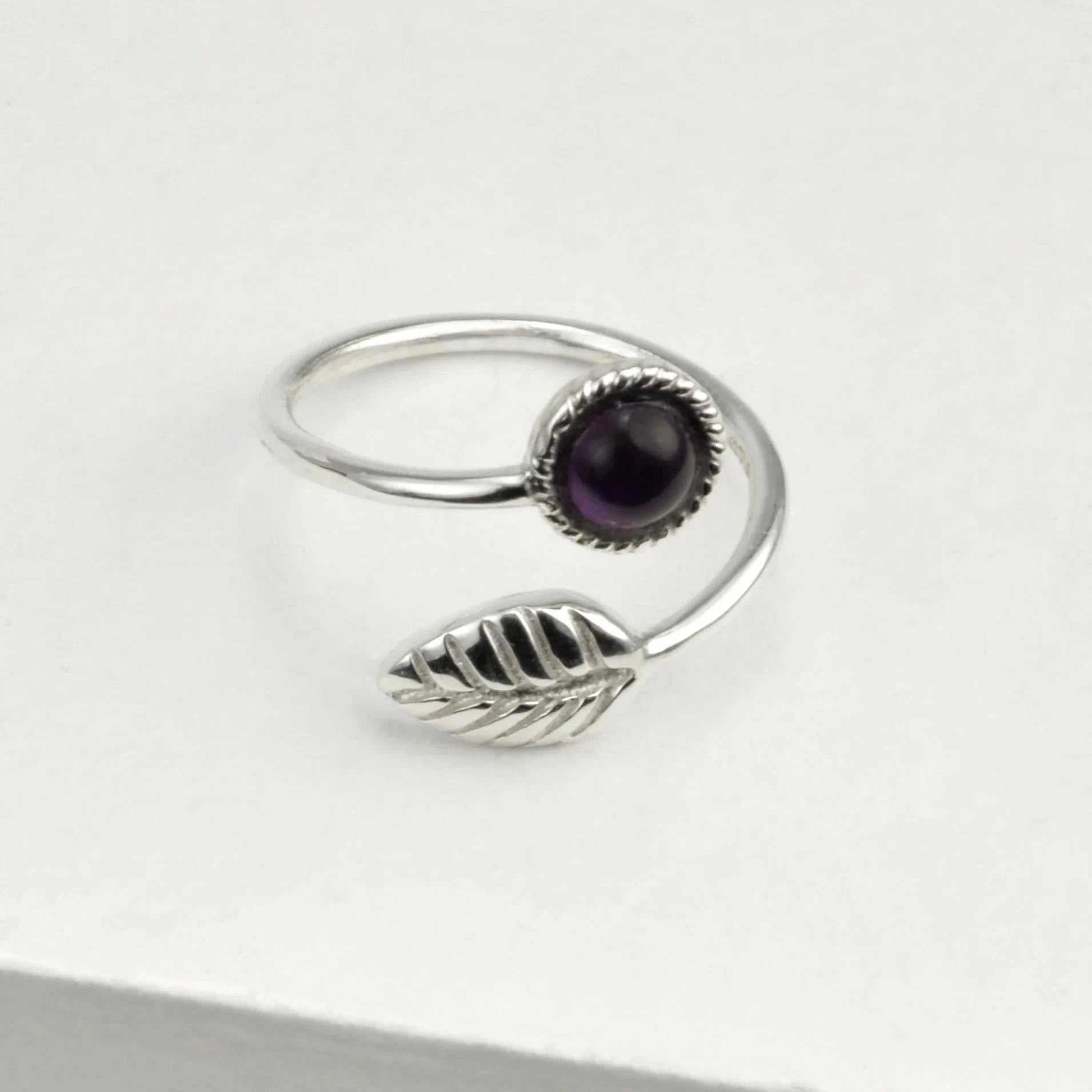 Adjustable Amethyst and Tiny Leaf Ring in Sterling Silver
