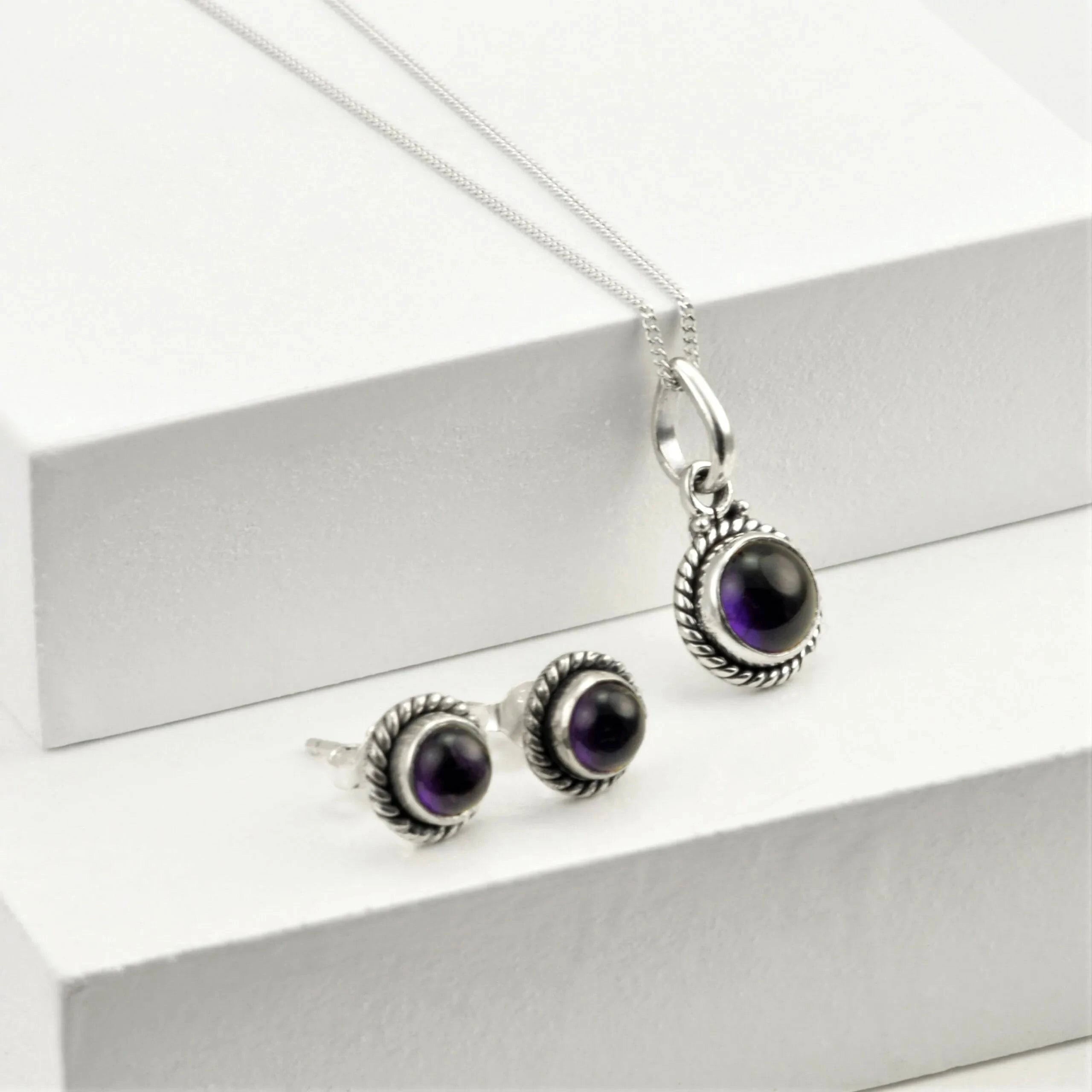 Twisted Wire Round Amethyst Jewellery Set in Sterling Silver