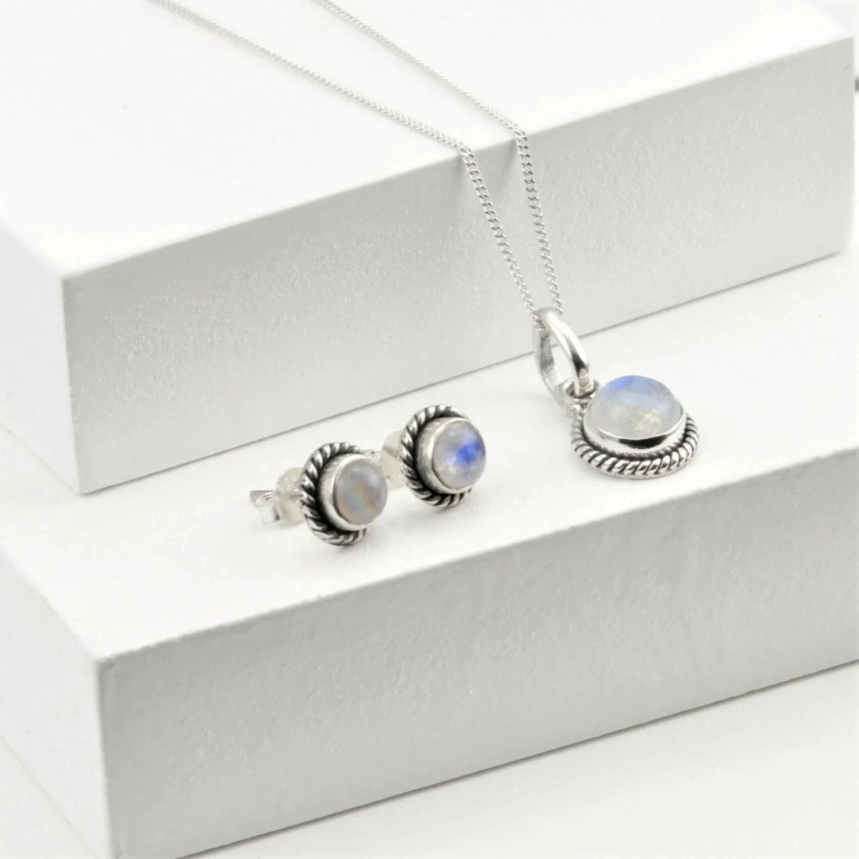 Twisted Wire Round Moonstone Jewellery Set in Sterling Silver