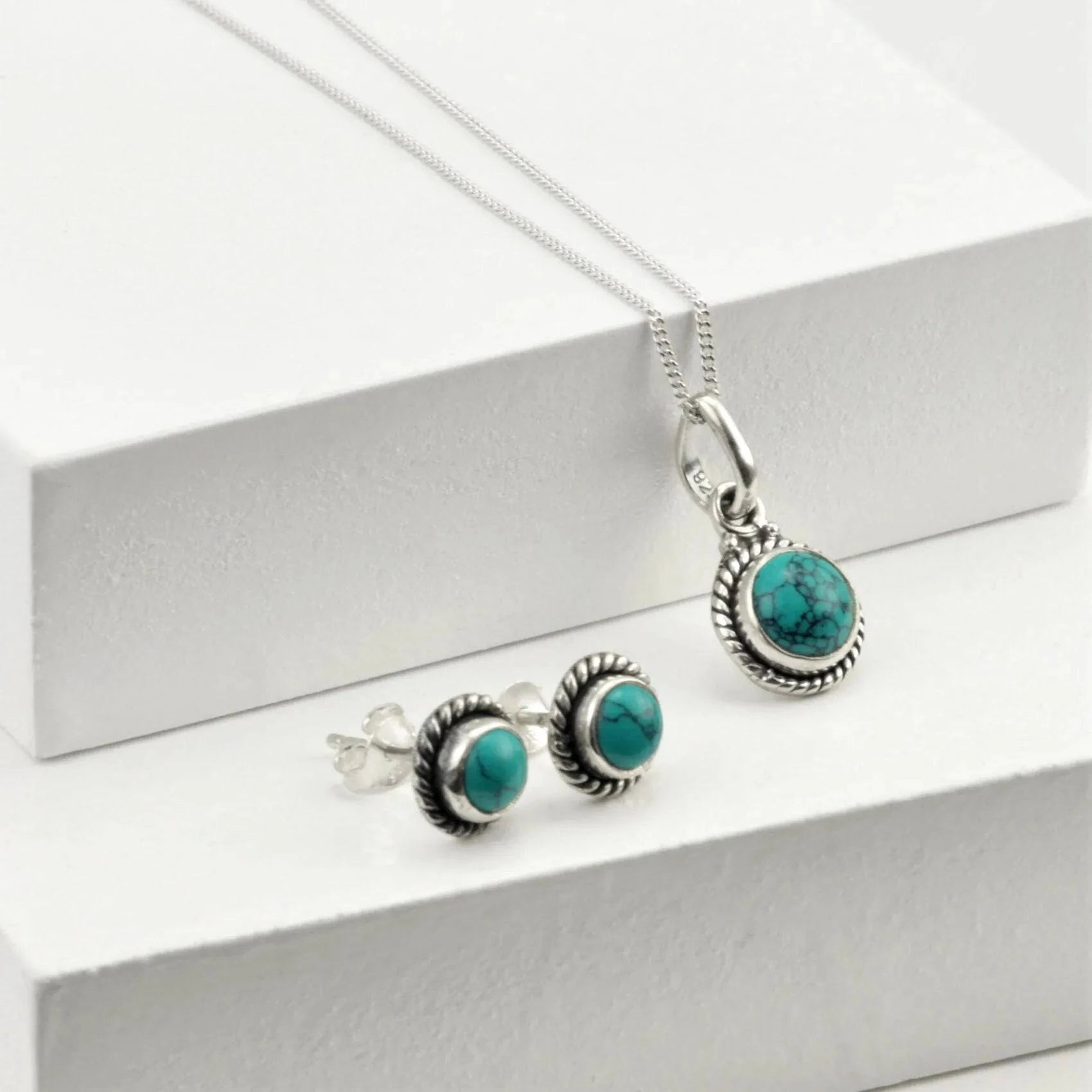 Twisted Wire Round Turquoise Jewellery Set in Sterling Silver