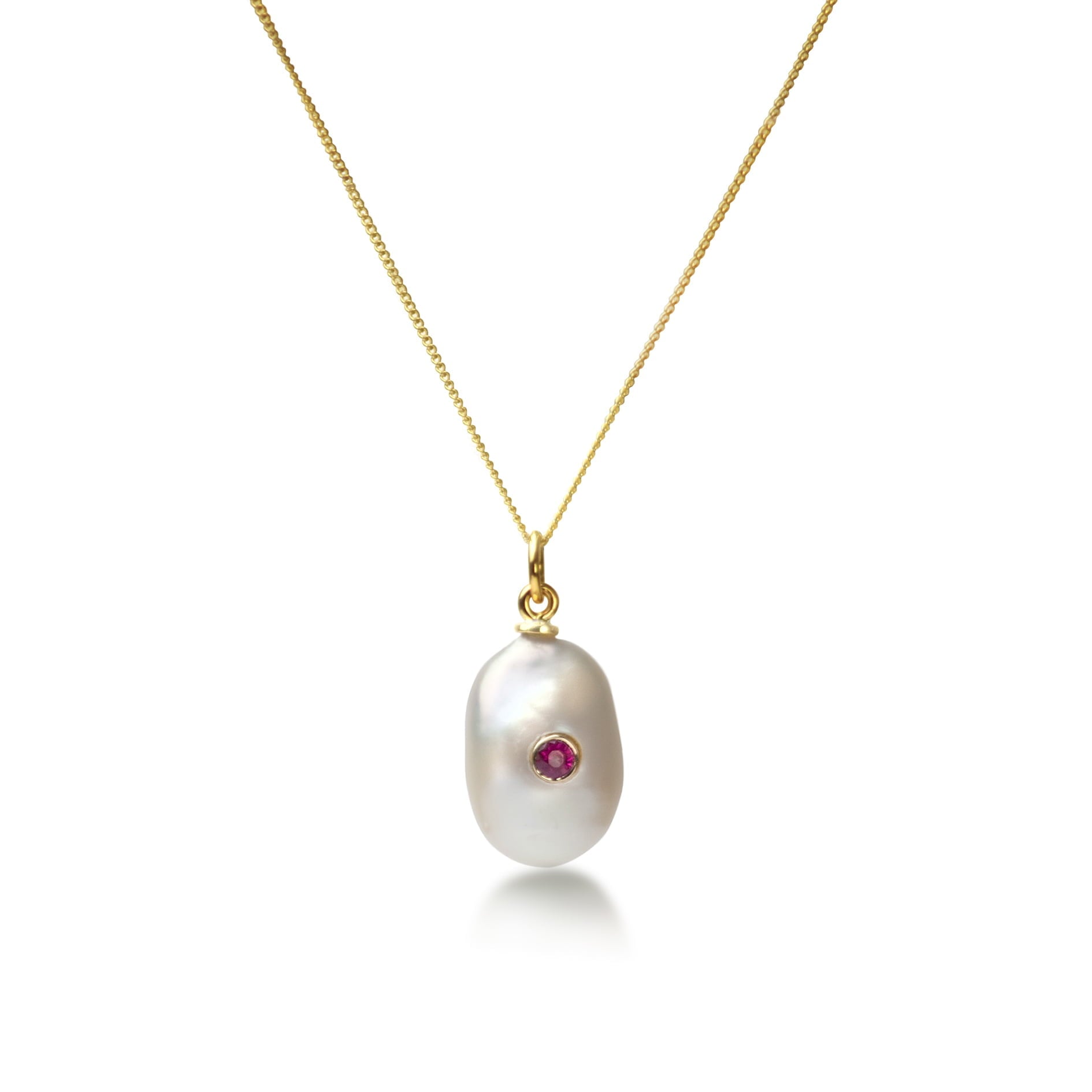 Keshi Pearl Necklace with Ruby in Solid Gold