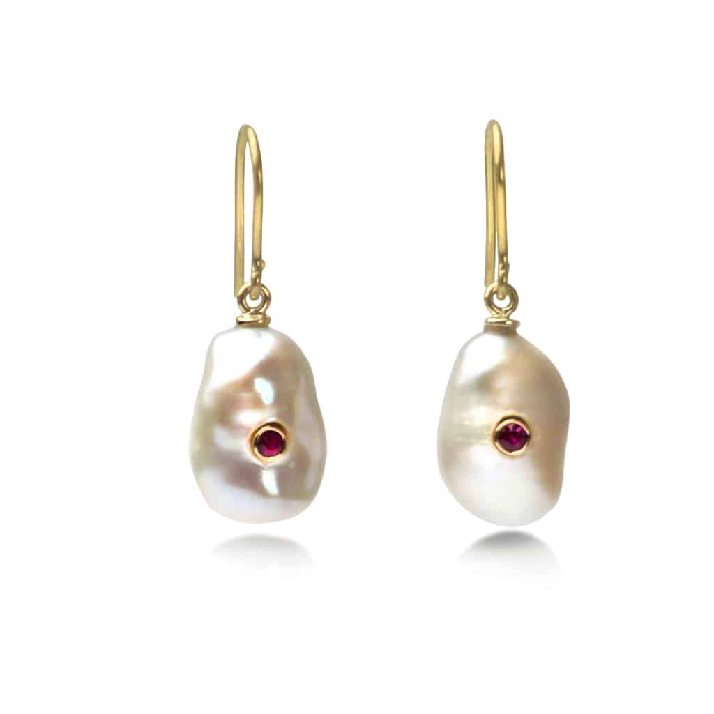Keshi Pearl Earrings with Ruby in Solid Gold
