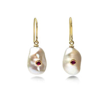 Keshi Pearl Earrings with Ruby in Solid Gold