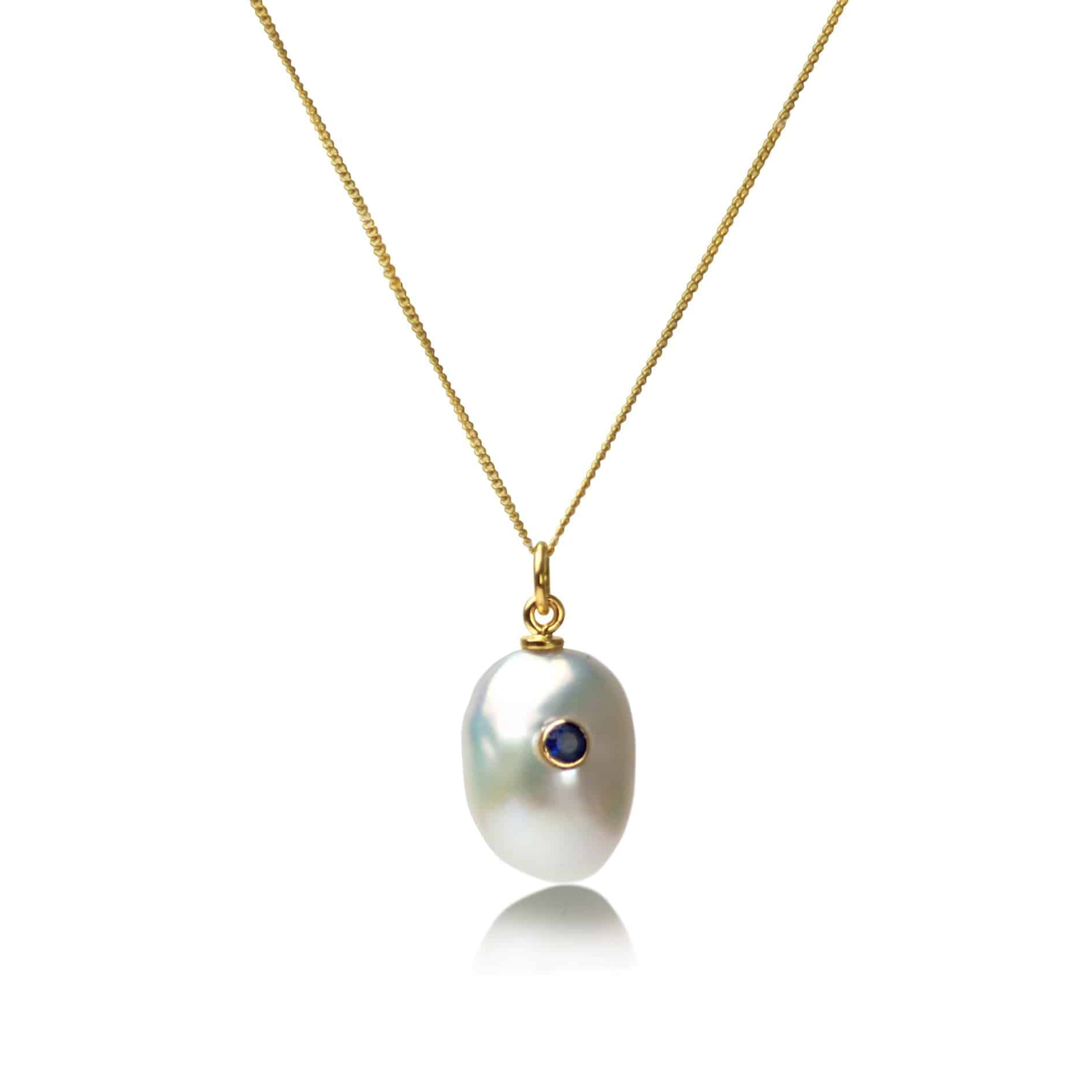 Keshi Pearl Necklace with Blue Sapphire in Solid Gold