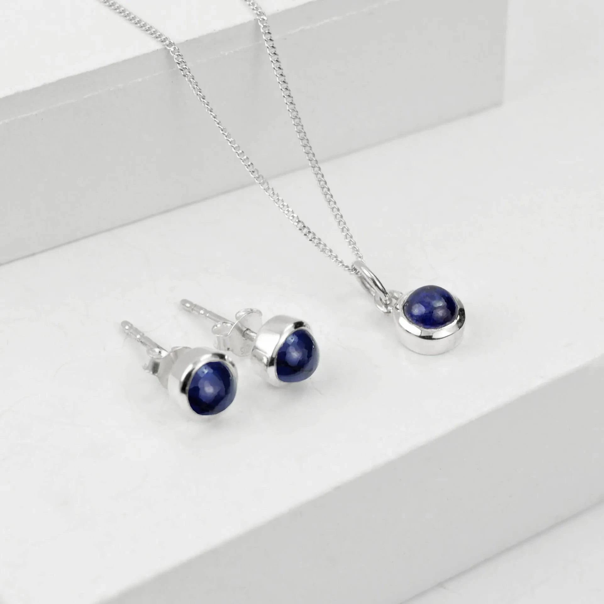 September Birthstone Jewellery Set - Blue Sapphire Studs and Charm Necklace
