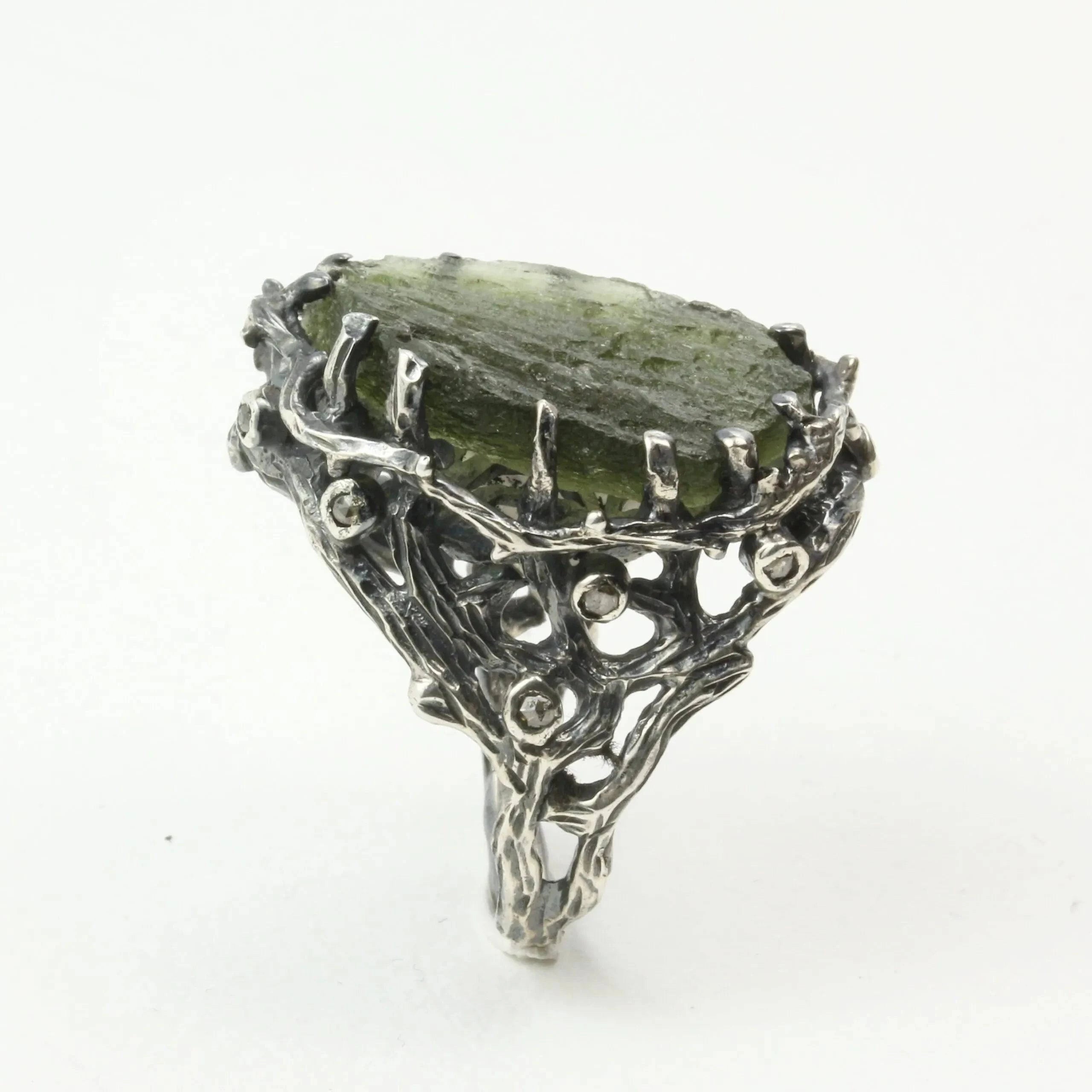 Mystic Oasis Ring with Moldavite and Rose Cut Diamonds