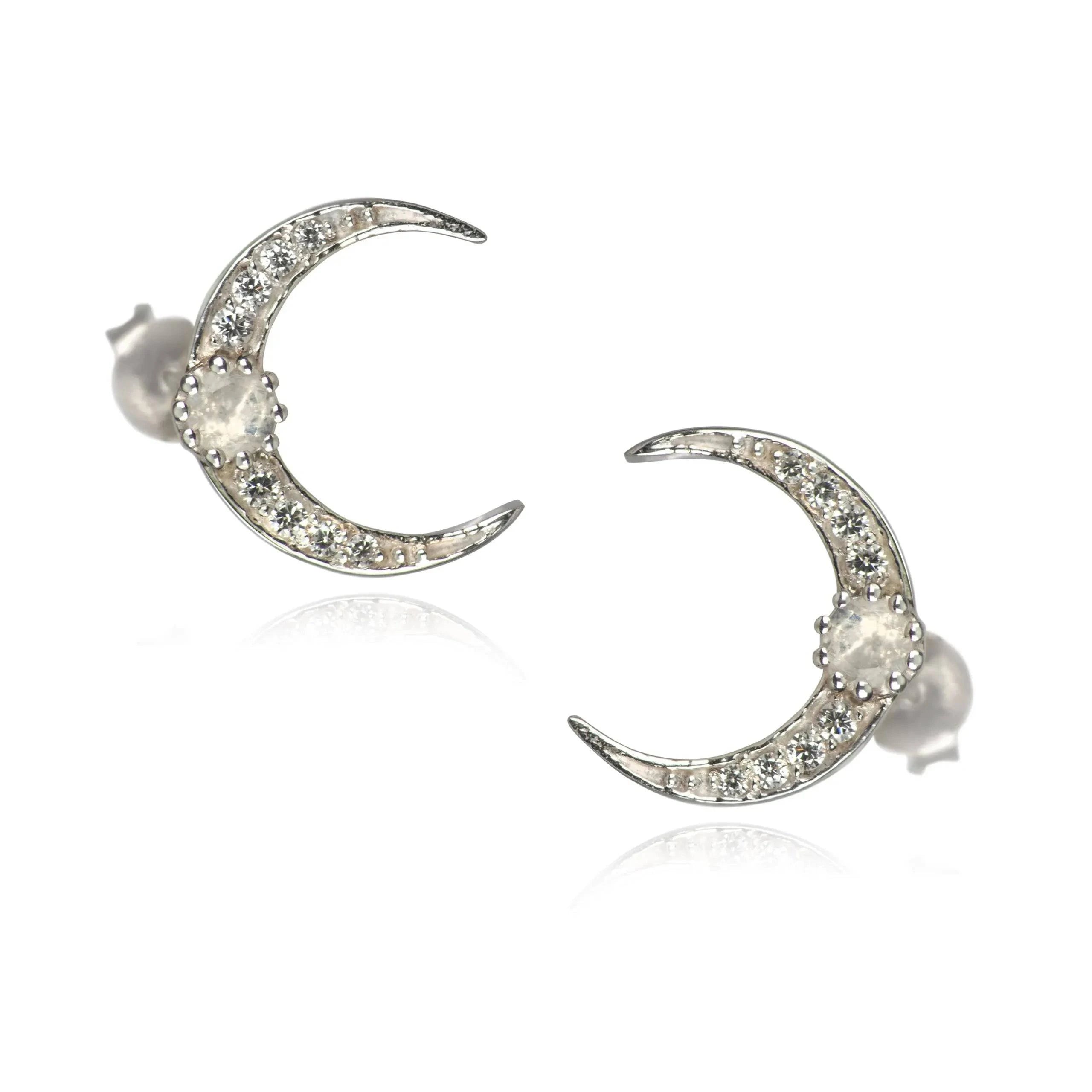 Moon Stud Earrings With Moonstone In Sterling Silver