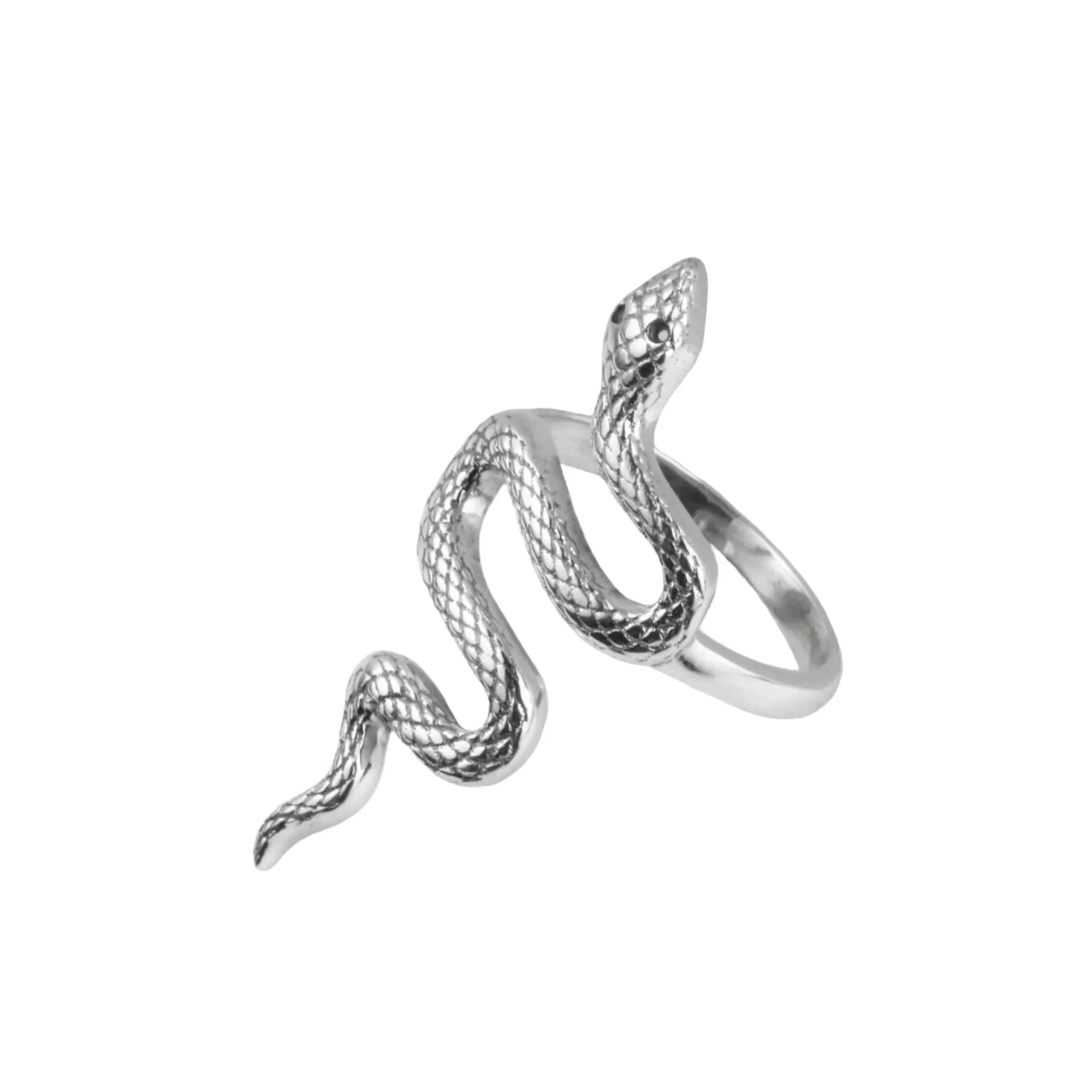 Detailed Snake Ring in Sterling Silver with Black Spinels