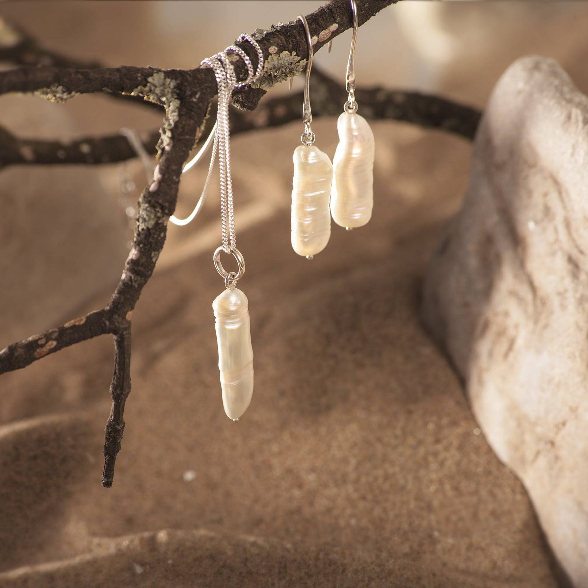 Thick Biwa Pearl Jewellery Set in Sterling Silver