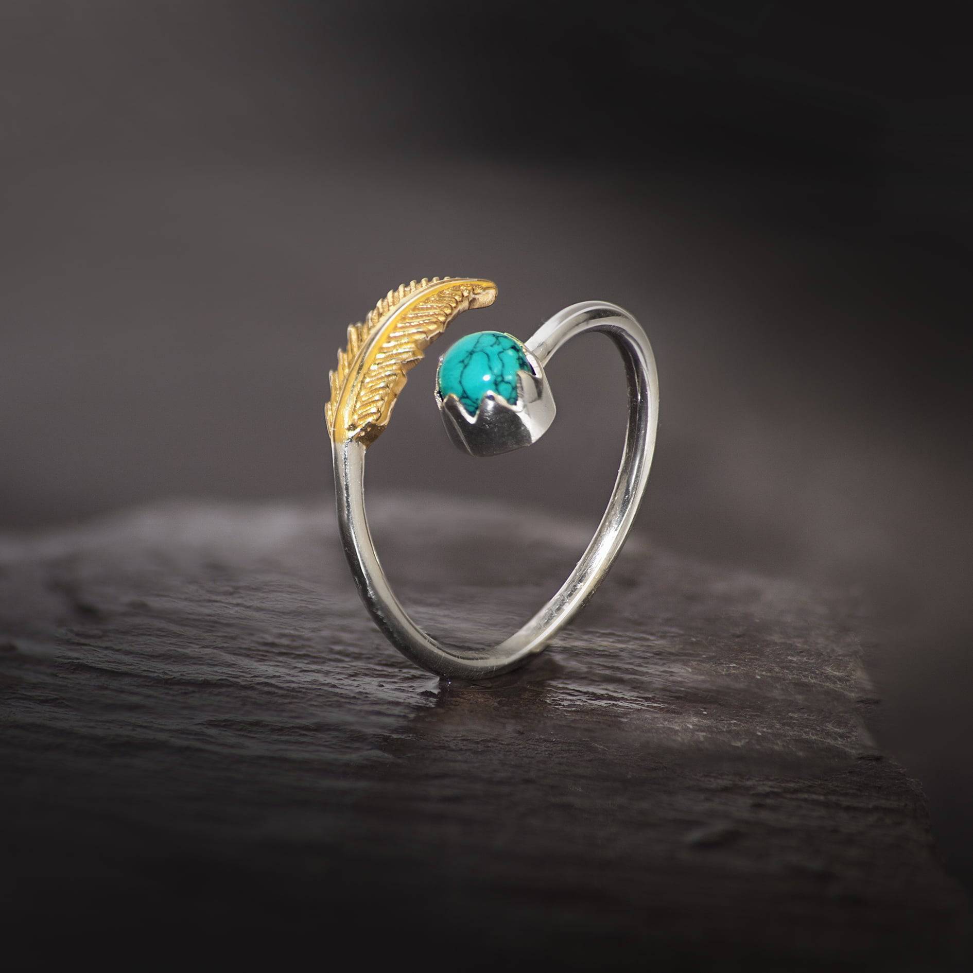 Adjustable Turquoise and Leaf Ring in Sterling Silver and Gold Vermeil