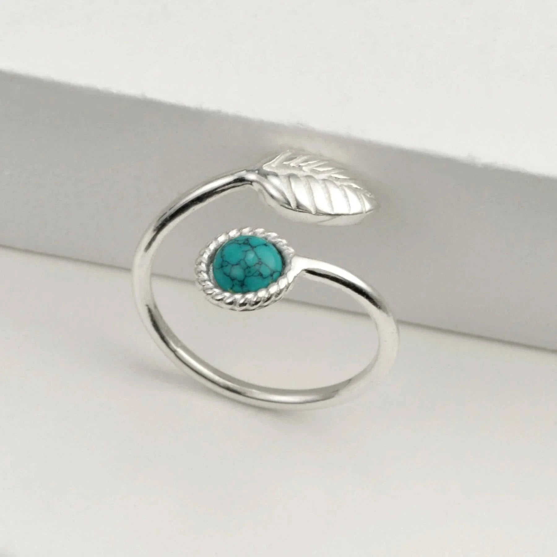 Adjustable Turquoise and Tiny Leaf Ring in Sterling Silver