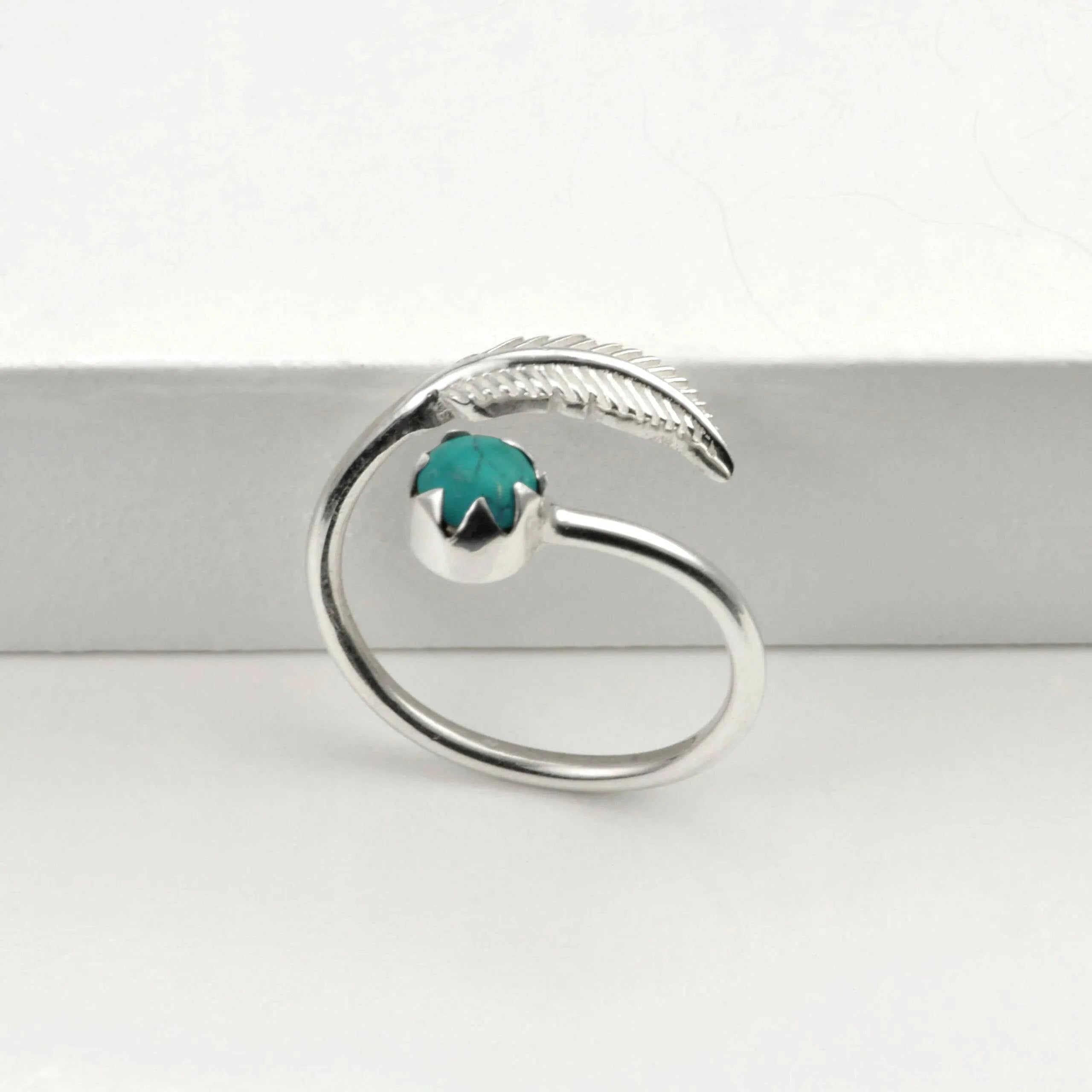 Adjustable Turquoise and Leaf Ring in Sterling Silver
