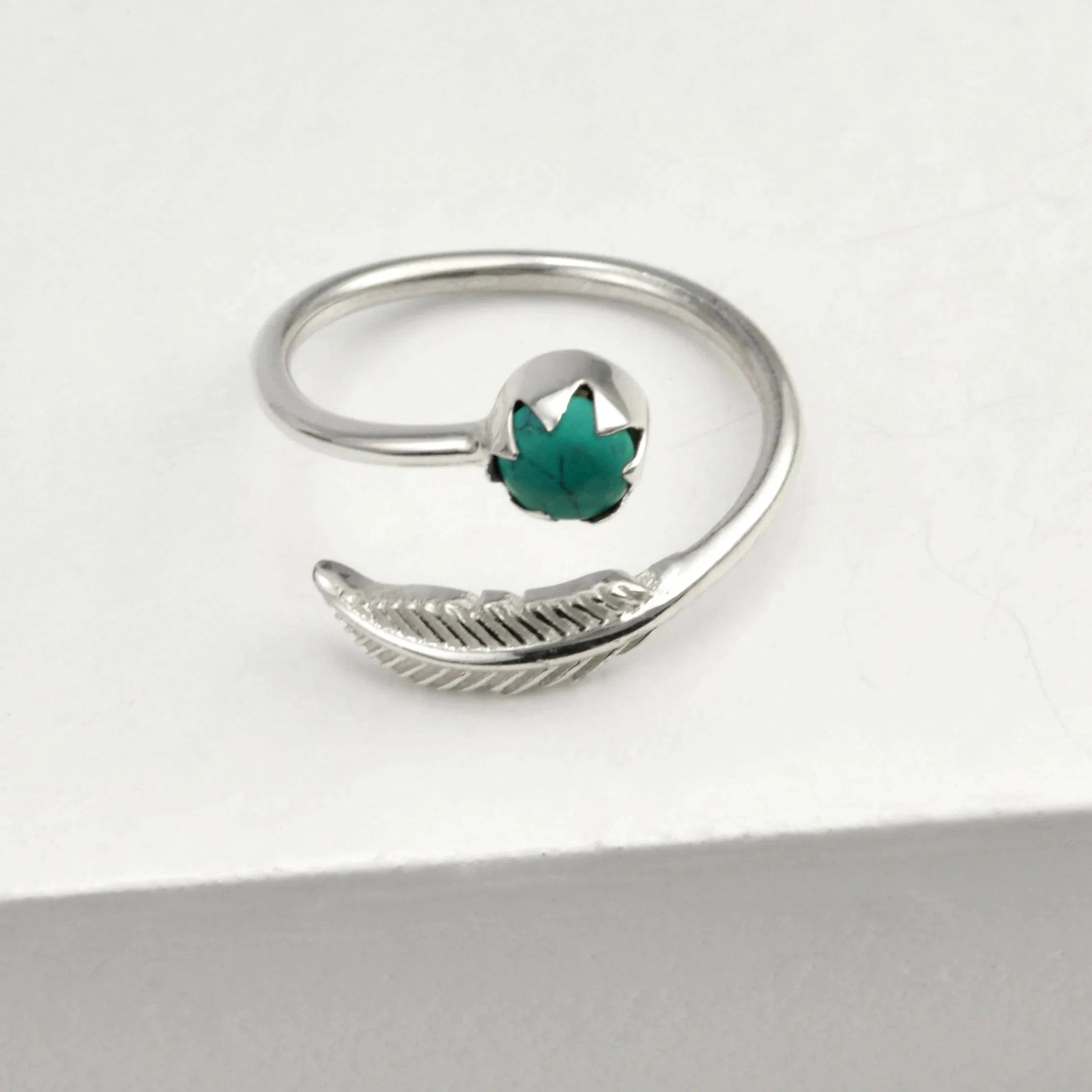 Adjustable Turquoise and Leaf Ring in Sterling Silver