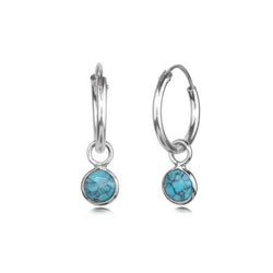 December Birthstone Hoop Earrings with Tibetan Turquoise Charm in Sterling Silver