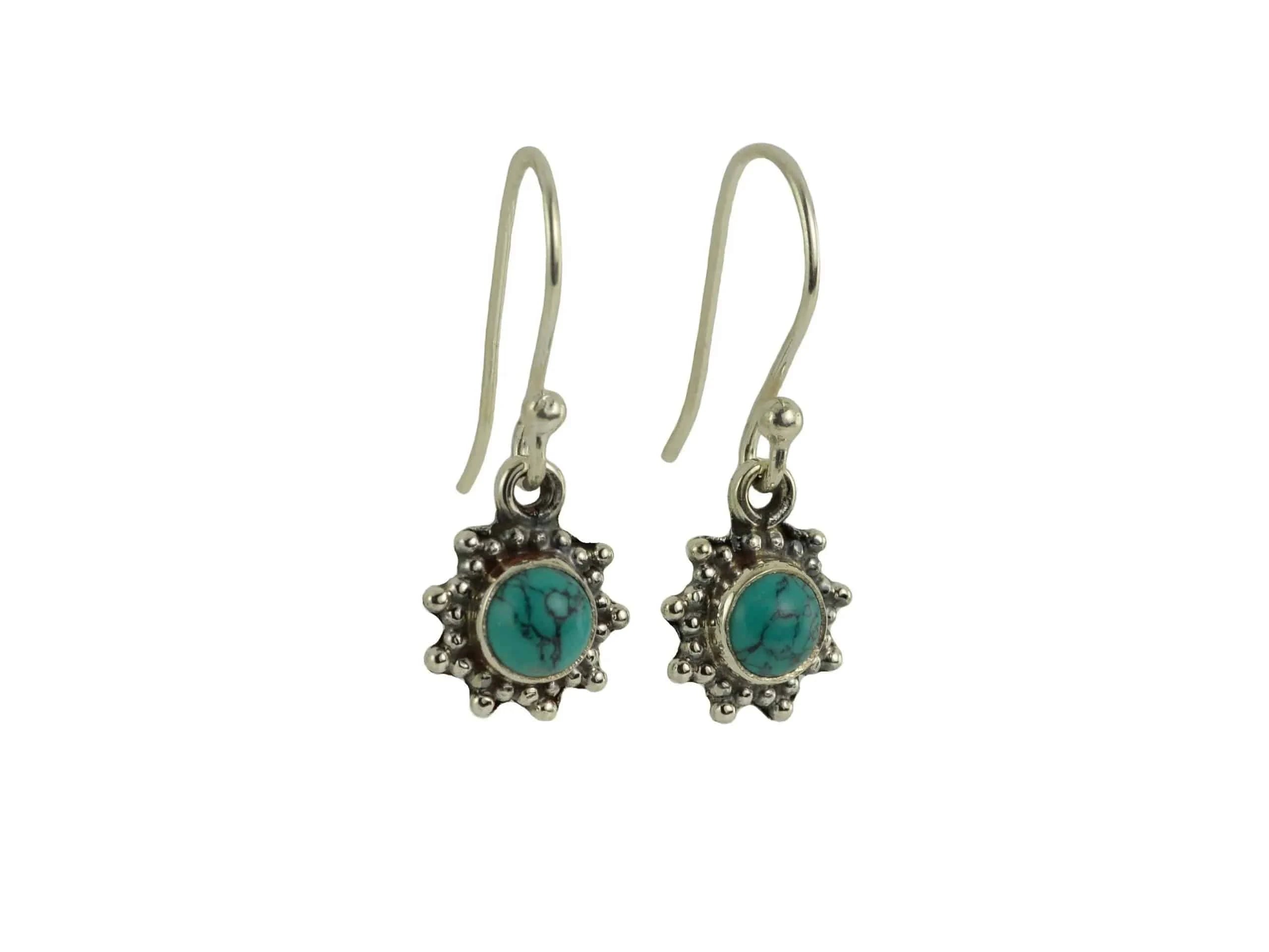 Star Motif Hook Dangle Earrings with Turquoise in Sterling Silver