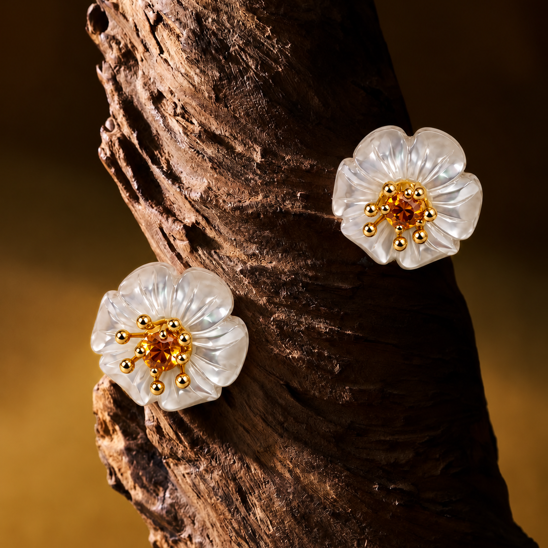 Flower Studs with Pearl and Citrine In 14ct Solid Gold