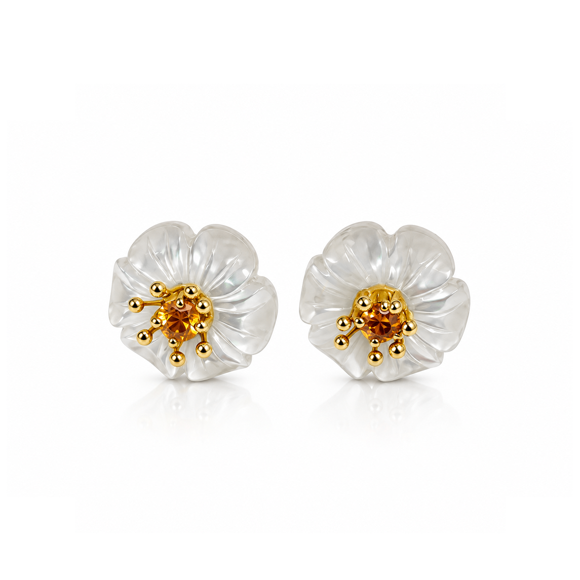Flower Studs with Pearl and Citrine In 14ct Solid Gold