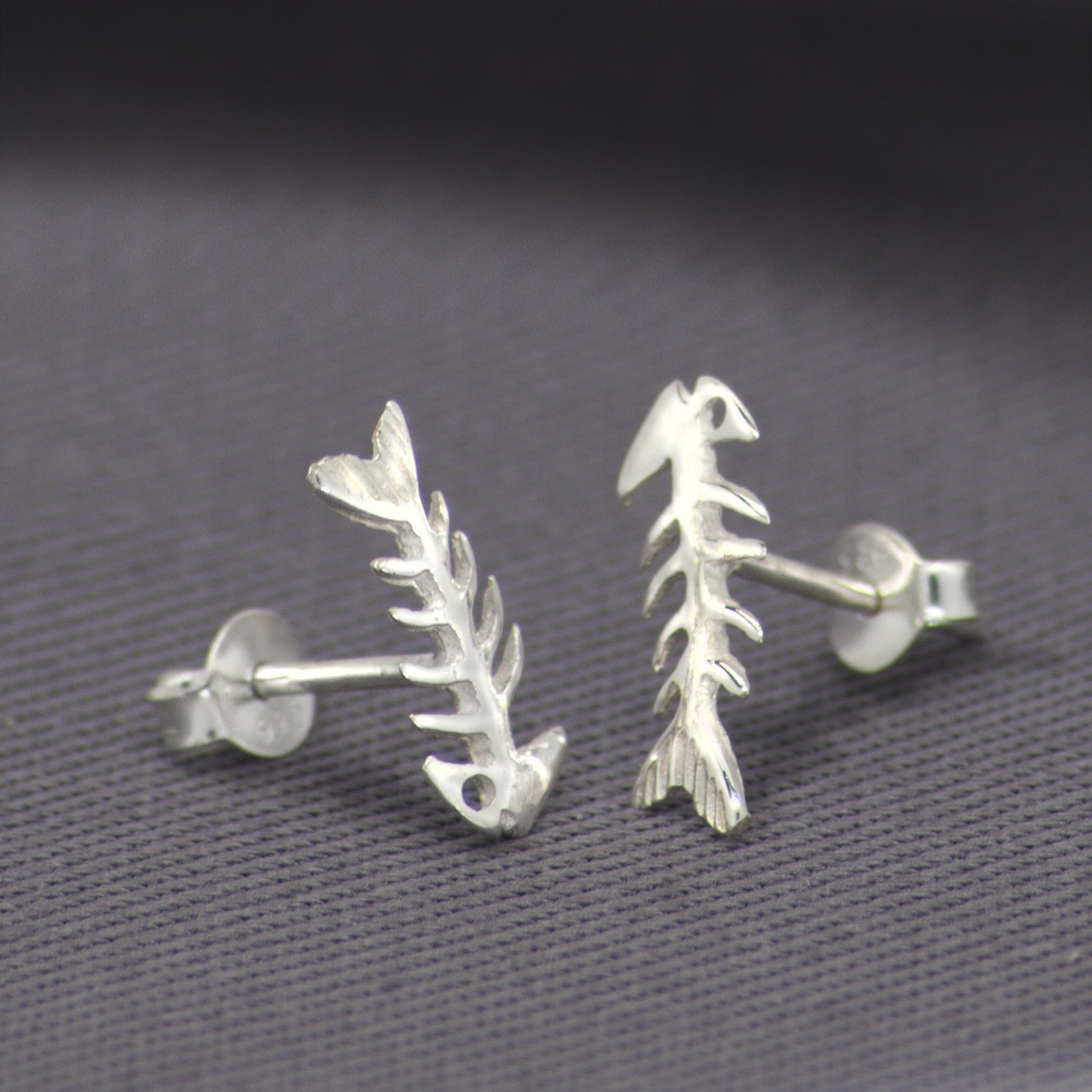 Fishbone Stud Earrings with Butterfly Fastening in Sterling Silver ...